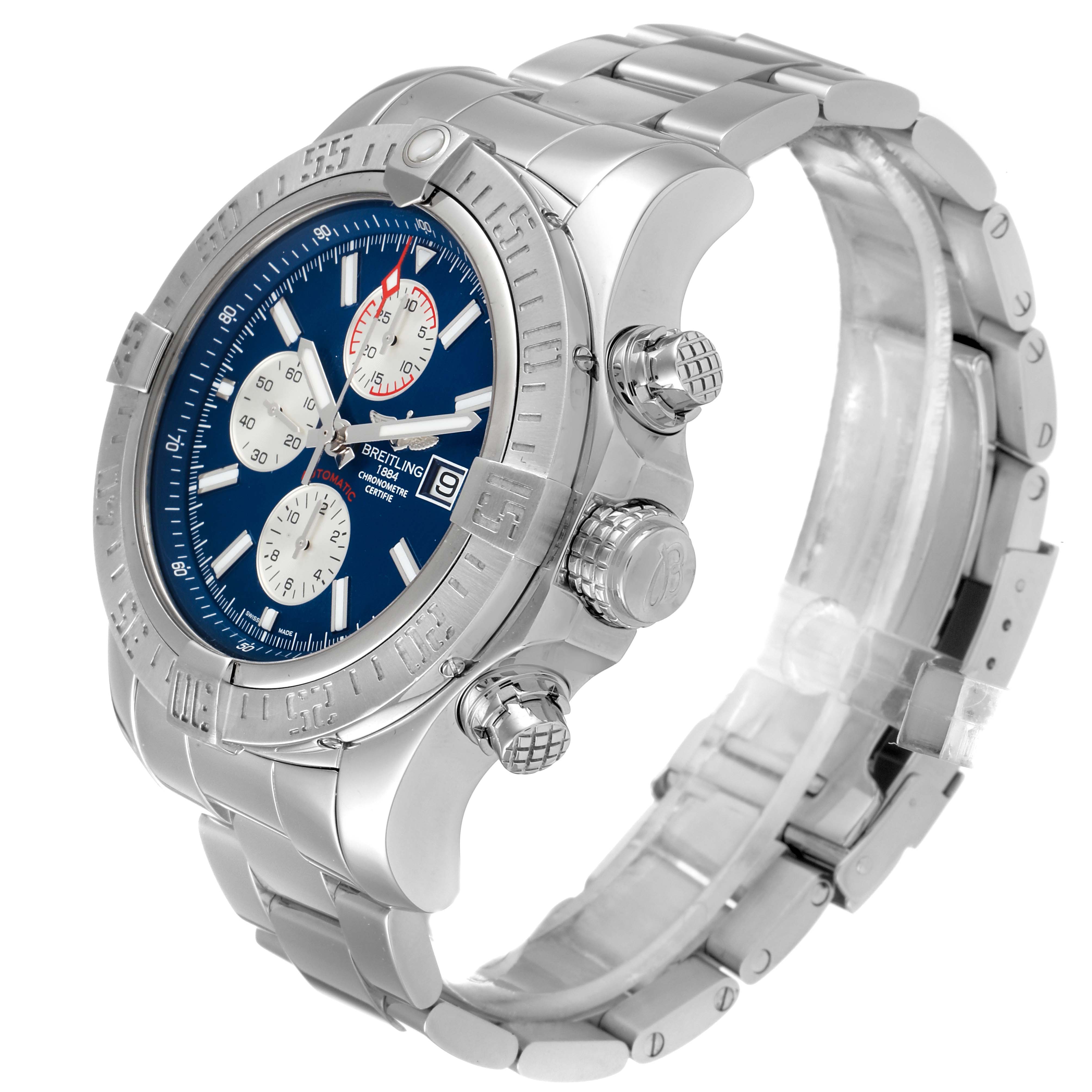 The Breitling Avenger A13371 Men's Stainless Steel Blue Dial A13371 Men's Stainless Steel Blue Dial watch is shown at a three-quarter angle, highlighting its face, bezel, crown, pushers, and bracelet.
