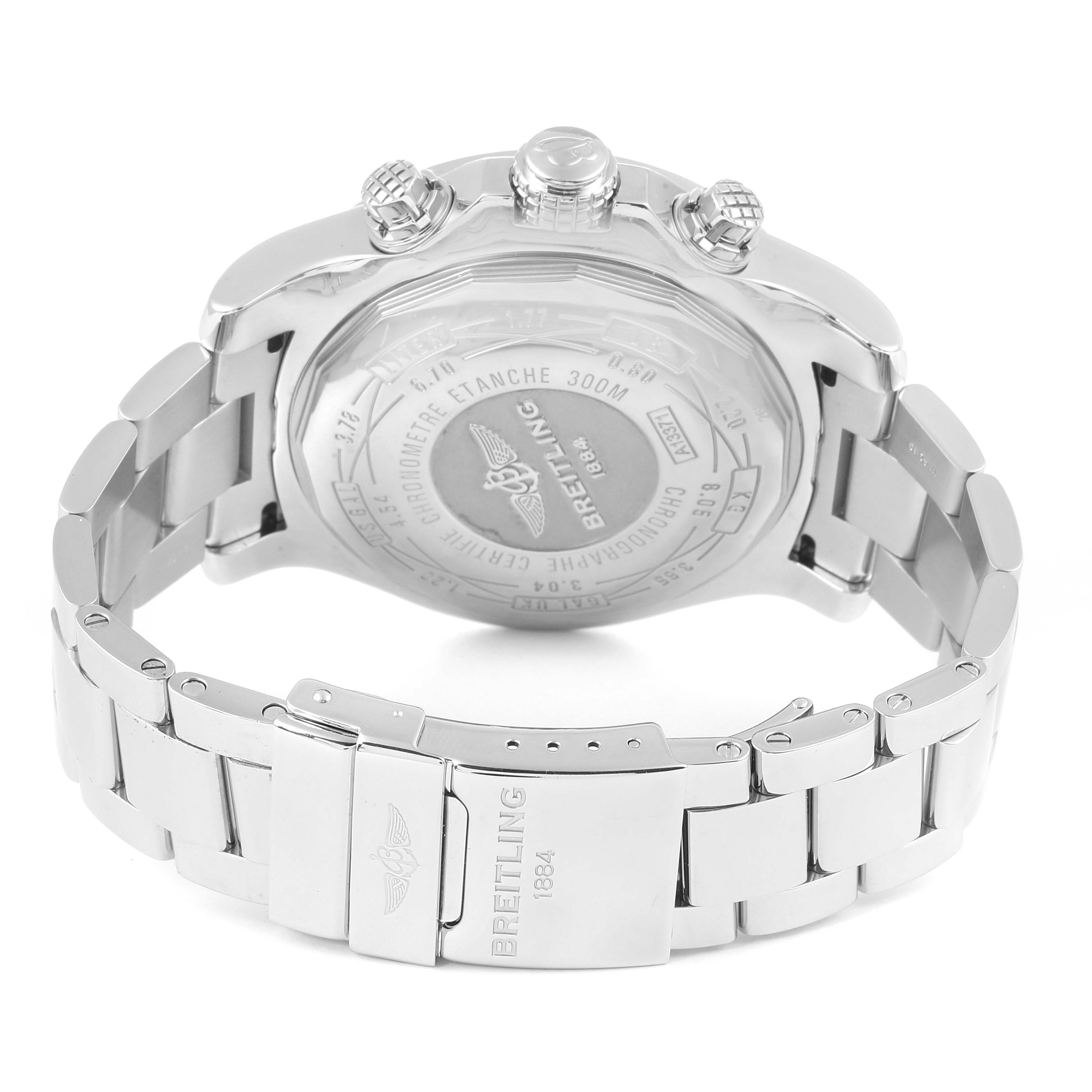 The image shows the back case and stainless steel bracelet of a Breitling Avenger A13371 Men's Stainless Steel Blue Dial A13371 Men's Stainless Steel Blue Dial watch from a rear angle.