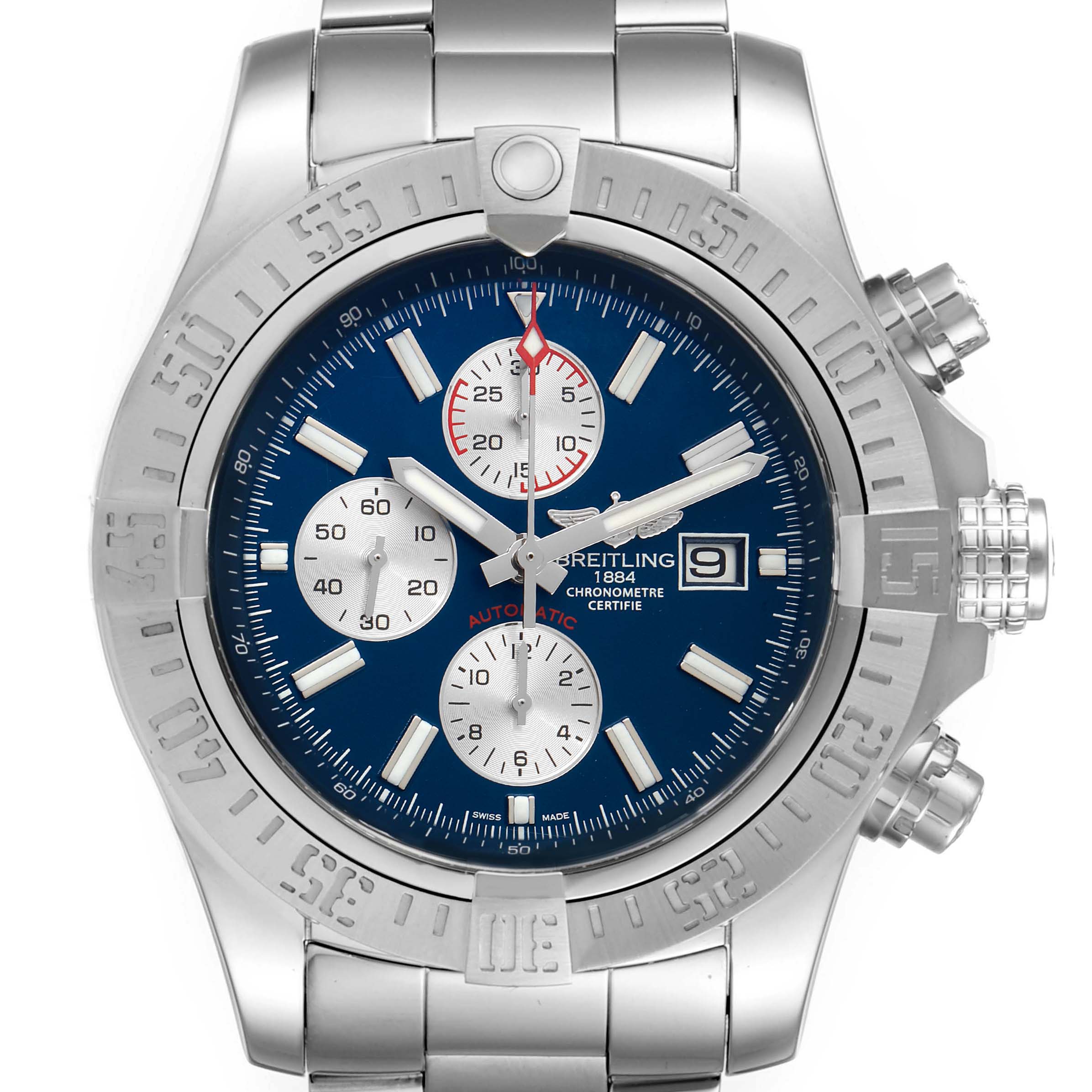 The image shows a top-down view of the Breitling Avenger A13371 Men's Stainless Steel Blue Dial A13371 Men's Stainless Steel Blue Dial watch displaying its face, bezel, and part of the bracelet.