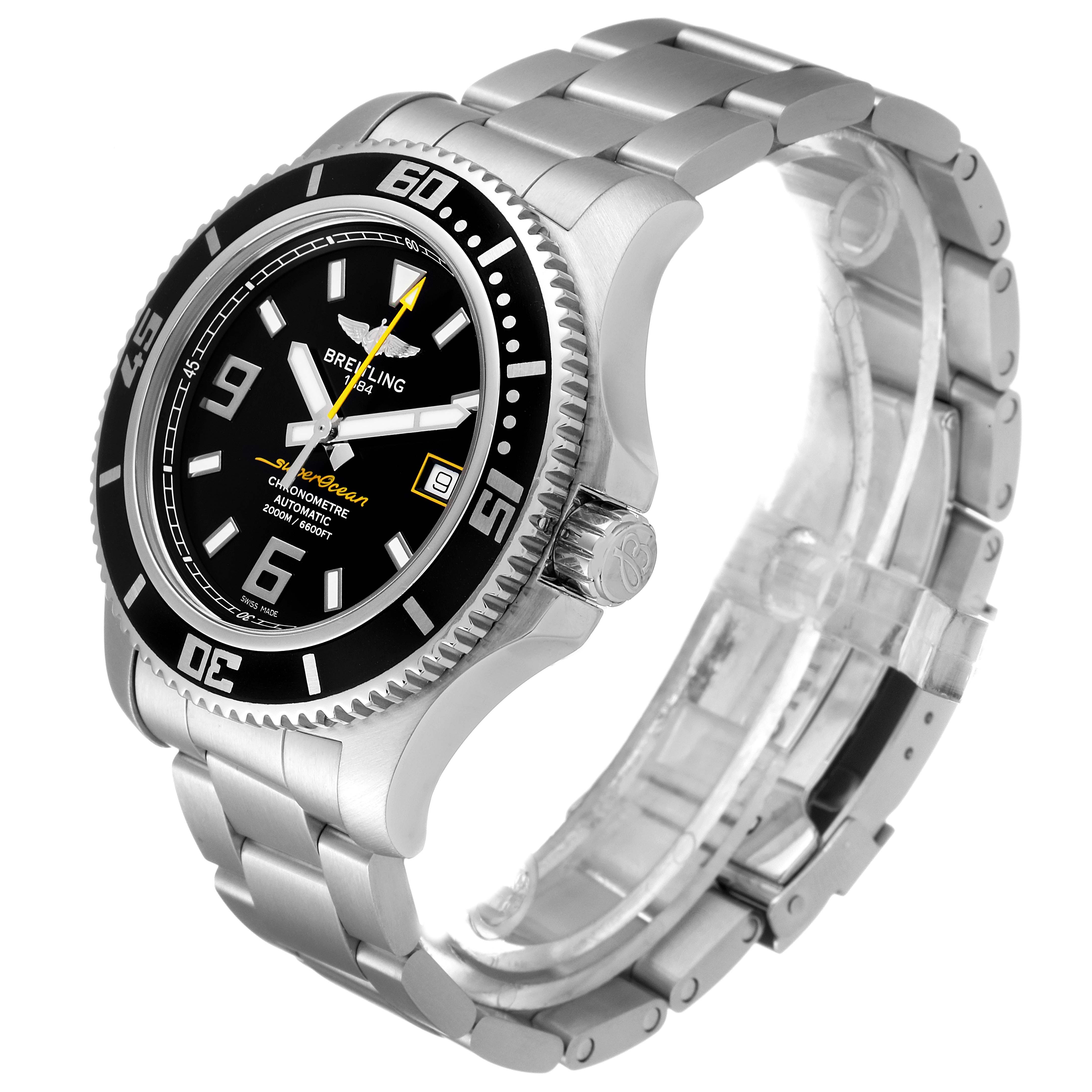 The image shows a side angle view of a Breitling Superocean A17391 Men's Stainless Steel Black Dial A17391 Men's Stainless Steel Black Dial watch, highlighting the face, bezel, crown, and metal bracelet.