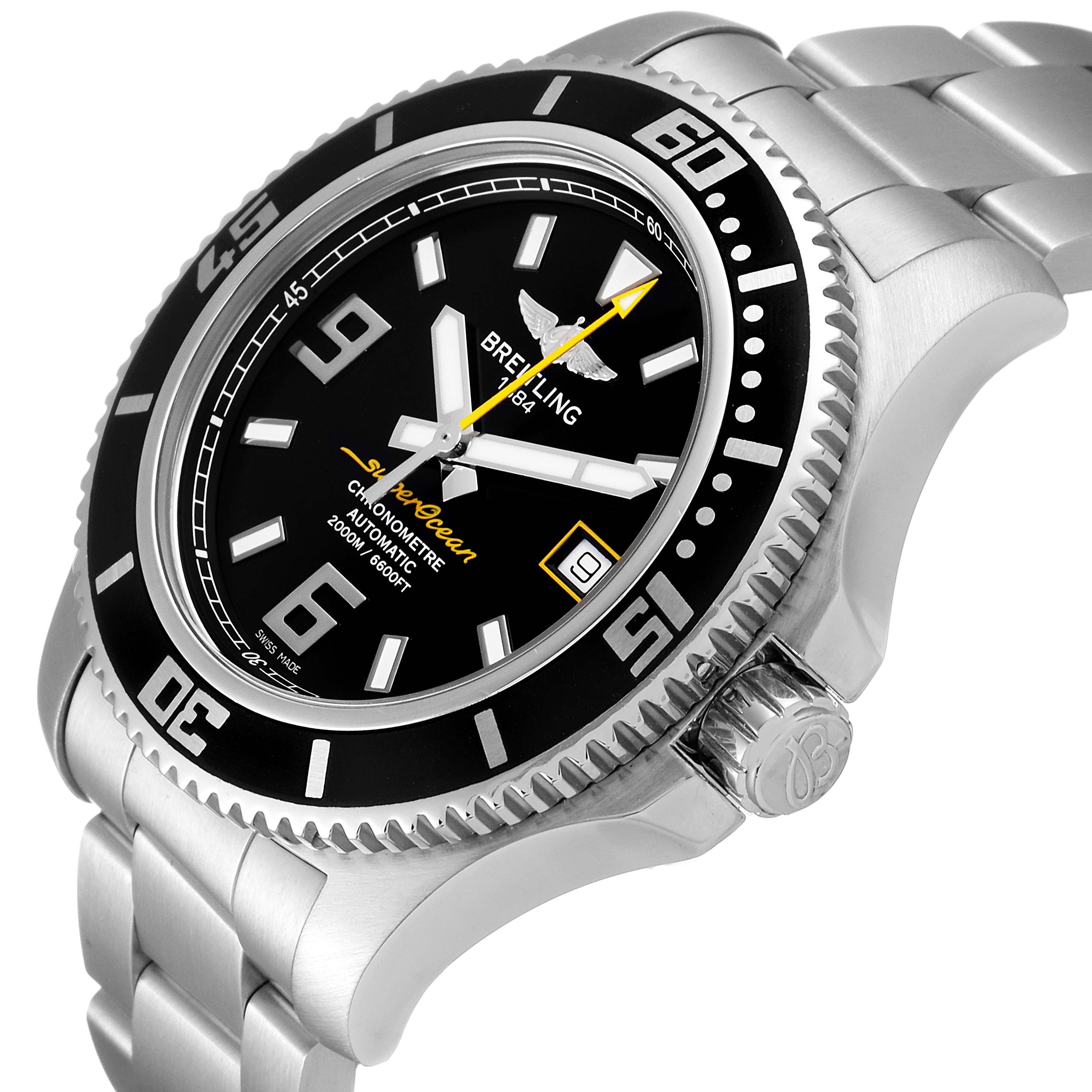 The image shows a Breitling Superocean A17391 Men's Stainless Steel Black Dial A17391 Men's Stainless Steel Black Dial watch from a three-quarter angle, highlighting the face, bezel, and part of the stainless steel bracelet.