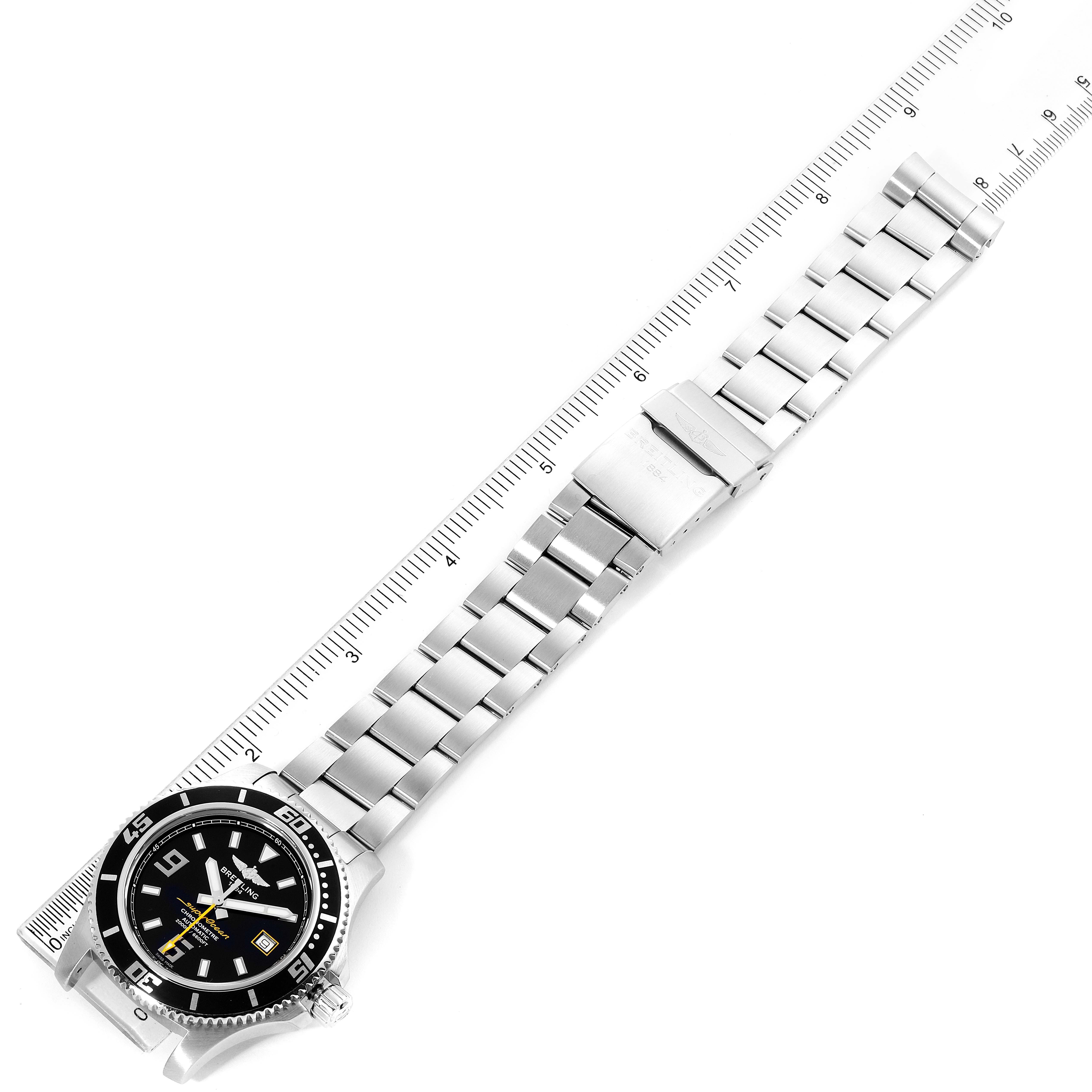 This image shows a top-down view of the Breitling Superocean A17391 Men's Stainless Steel Black Dial A17391 Men's Stainless Steel Black Dial watch, highlighting its stainless steel bracelet and black dial.