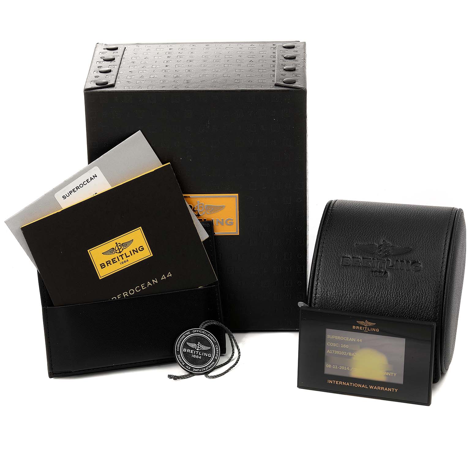 The image shows the packaging, warranty card, and documents for a Breitling Superocean A17391 Men's Stainless Steel Black Dial A17391 Men's Stainless Steel Black Dial watch.