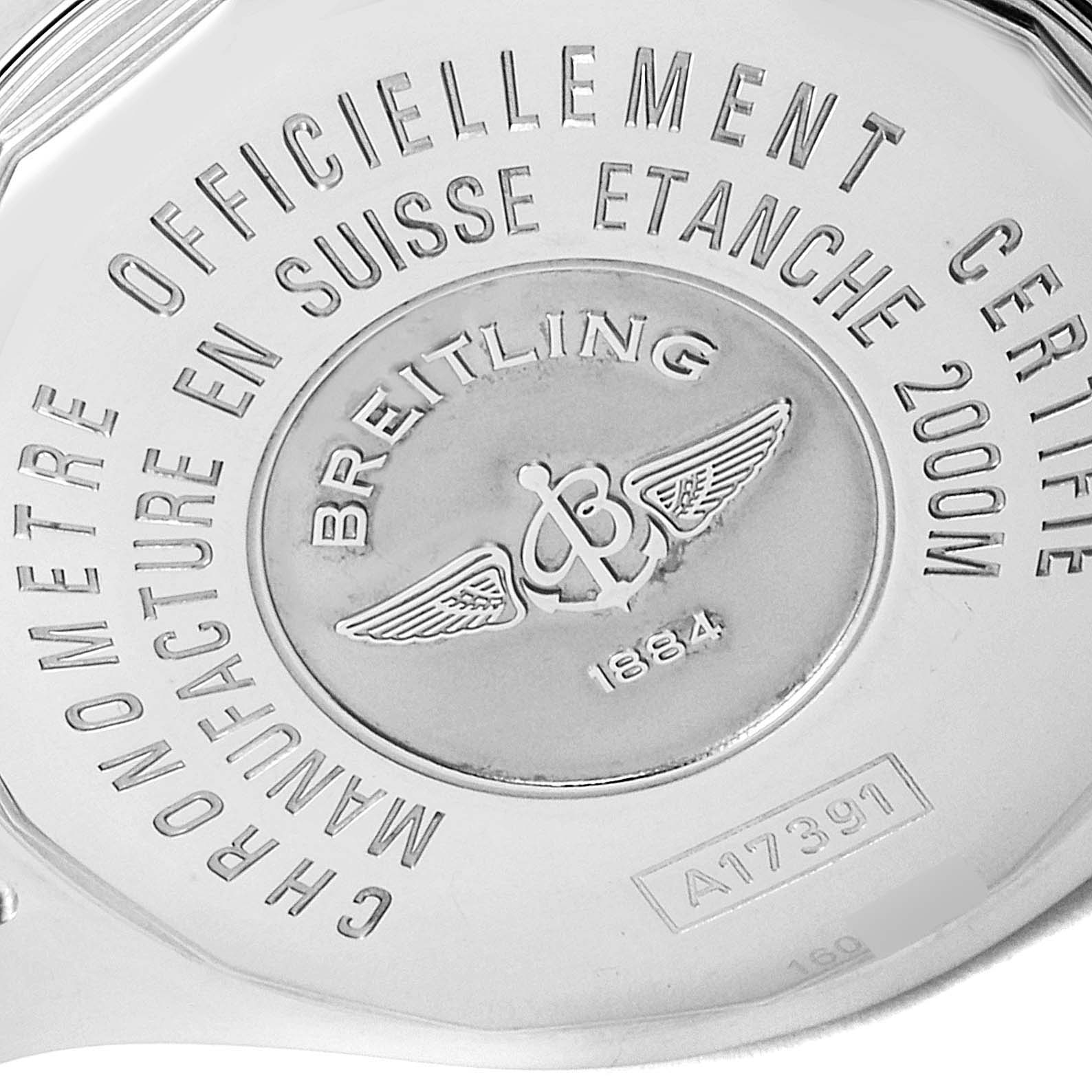 The image shows the back case of a Breitling Superocean A17391 Men's Stainless Steel Black Dial A17391 Men's Stainless Steel Black Dial watch, displaying its engraved details.