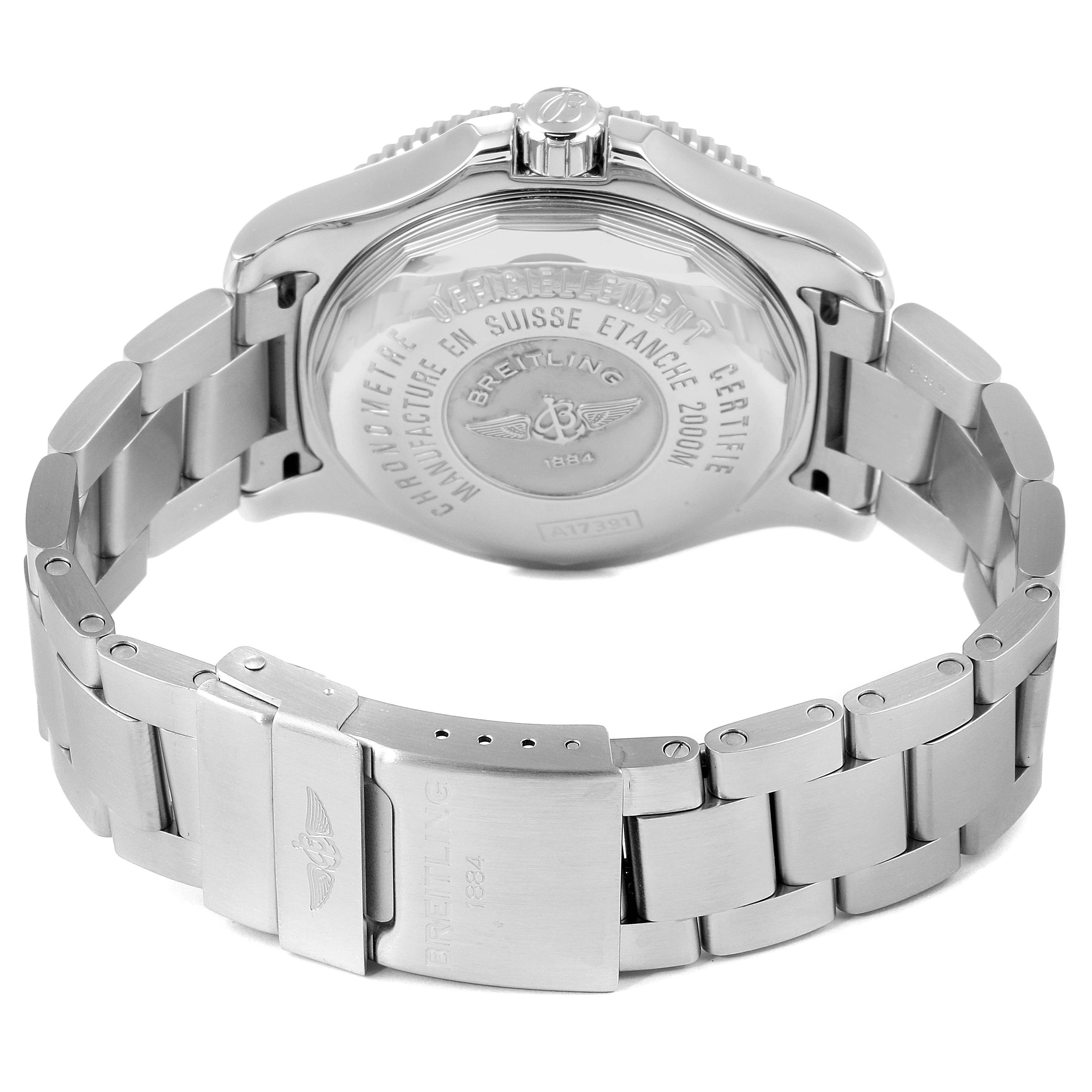 The image shows the back view of a Breitling Superocean A17391 Men's Stainless Steel Black Dial A17391 Men's Stainless Steel Black Dial watch, focusing on its case back, crown, and metal bracelet.