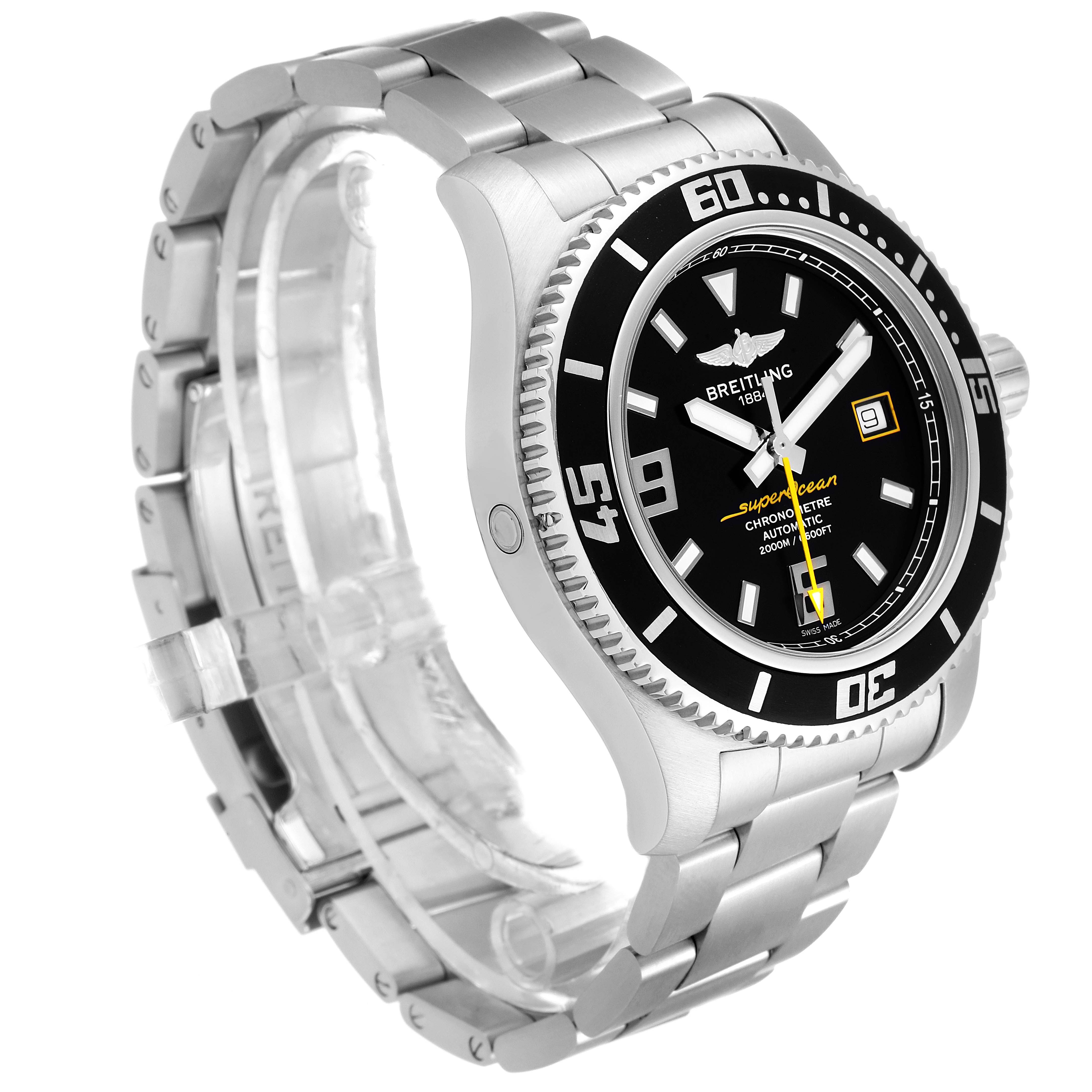 The image shows a Breitling Superocean A17391 Men's Stainless Steel Black Dial A17391 Men's Stainless Steel Black Dial watch angled to display its face, bezel, and metal bracelet.