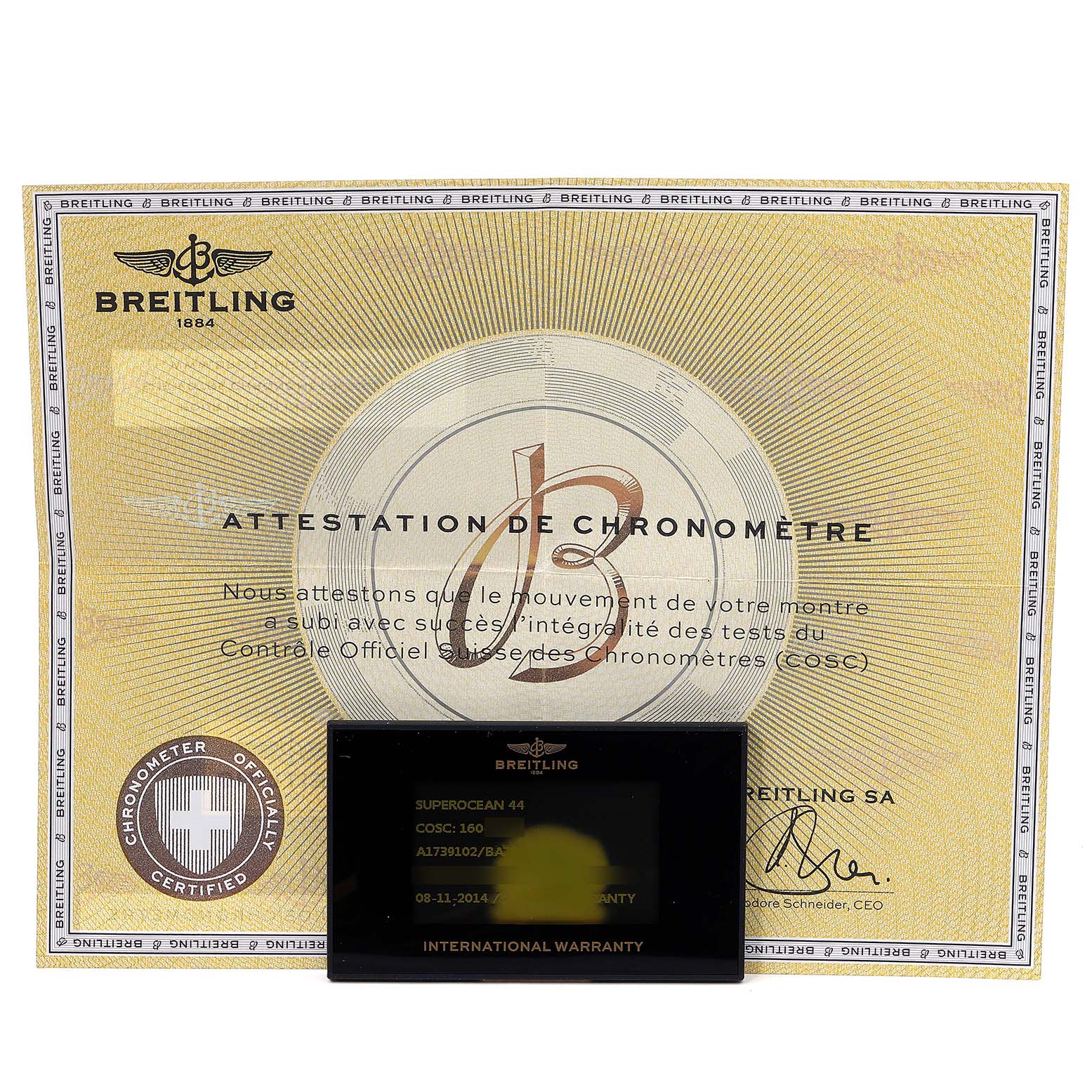 The image shows the certification and international warranty card for the Breitling Superocean A17391 Men's Stainless Steel Black Dial A17391 Men's Stainless Steel Black Dial model.