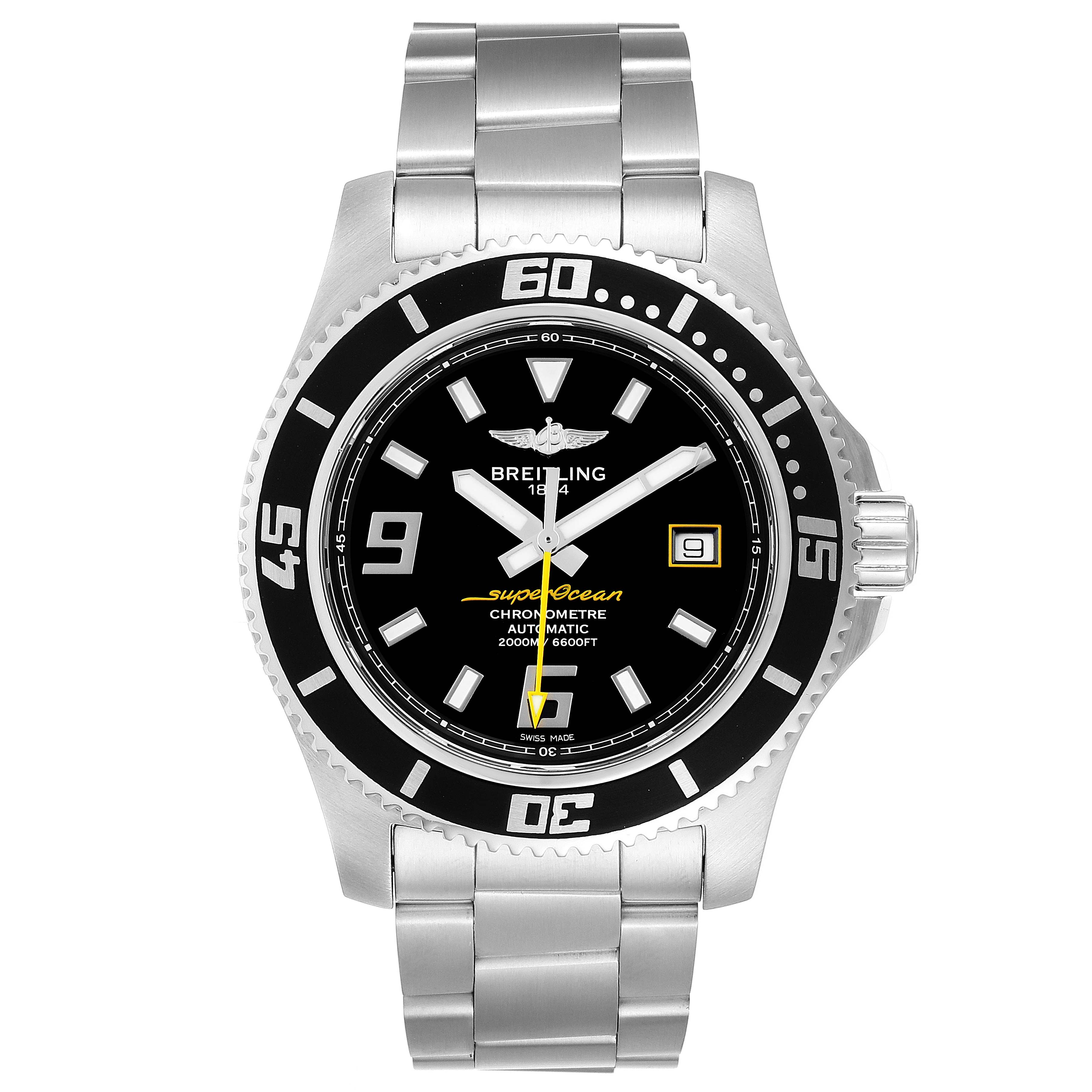 The image shows a front view of the Breitling Superocean A17391 Men's Stainless Steel Black Dial A17391 Men's Stainless Steel Black Dial watch, including its black dial, bezel, and stainless steel bracelet.