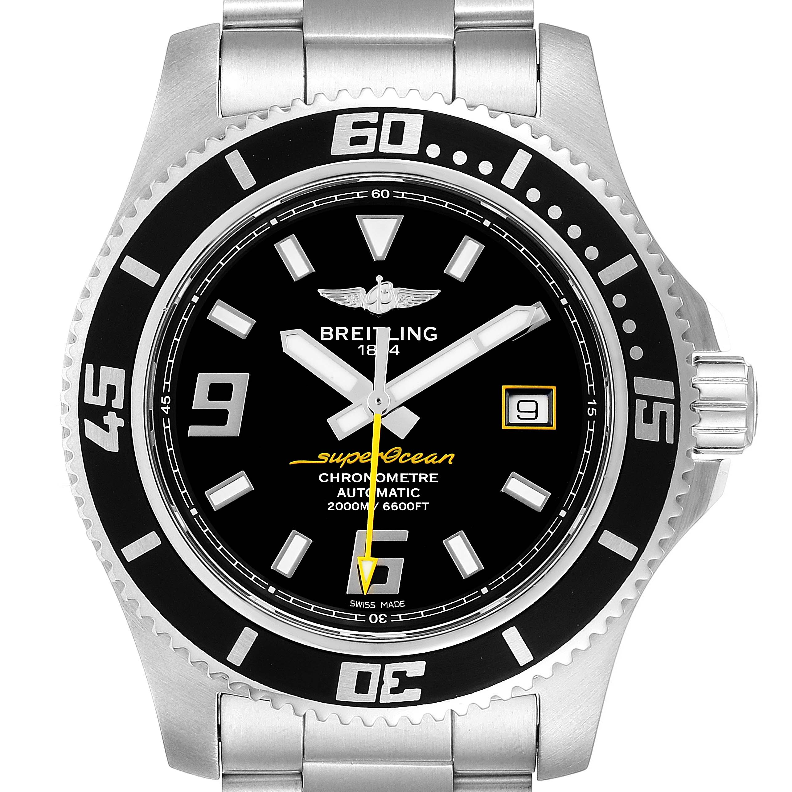 This image shows a front view of the Breitling Superocean A17391 Men's Stainless Steel Black Dial A17391 Men's Stainless Steel Black Dial watch, highlighting its dial and bezel.