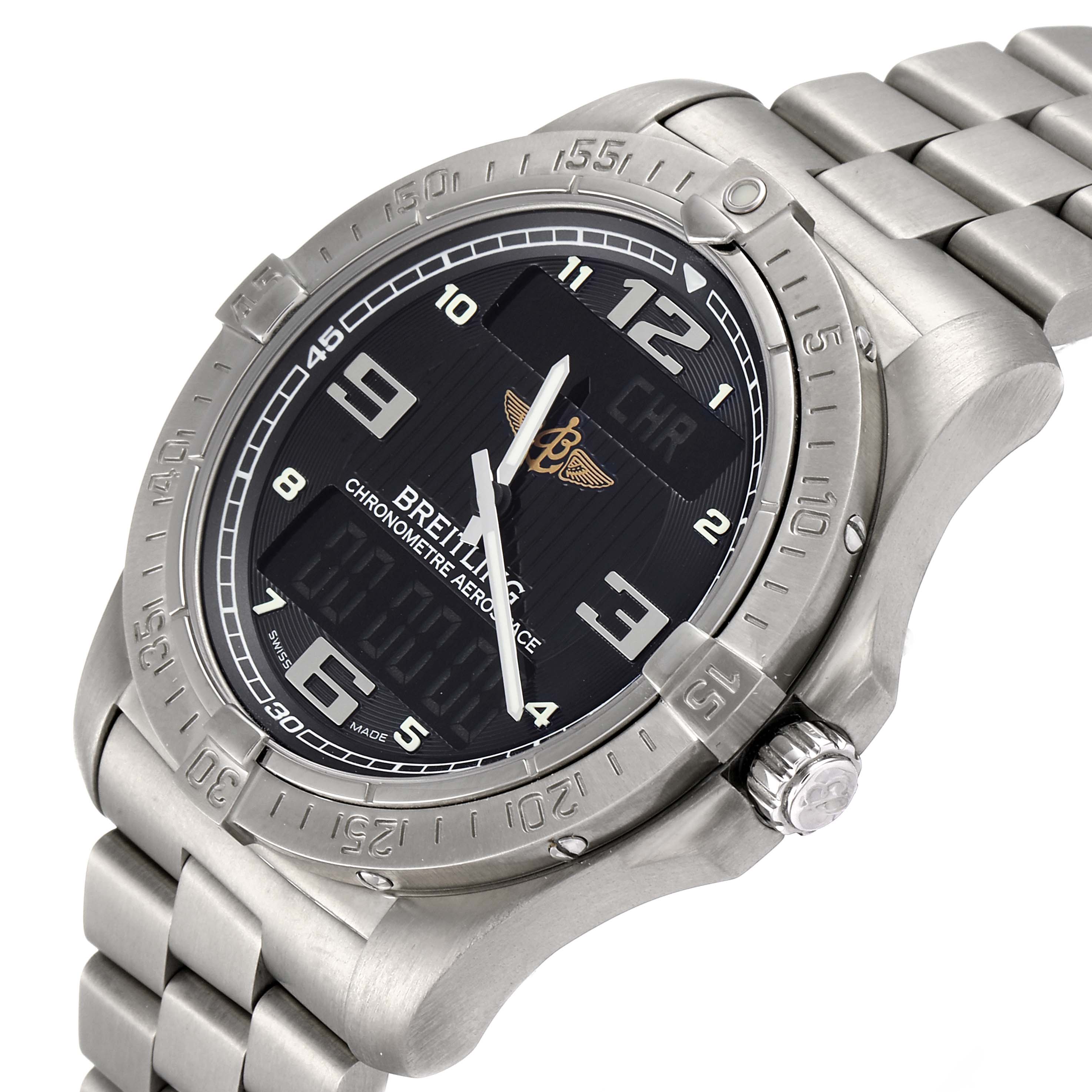 This Breitling Premier E7936210 Men's Titanium Grey Dial E7936210 Men's Titanium Grey Dial watch model is displayed at an angle showing the dial, bezel, crown, and part of the metal bracelet.