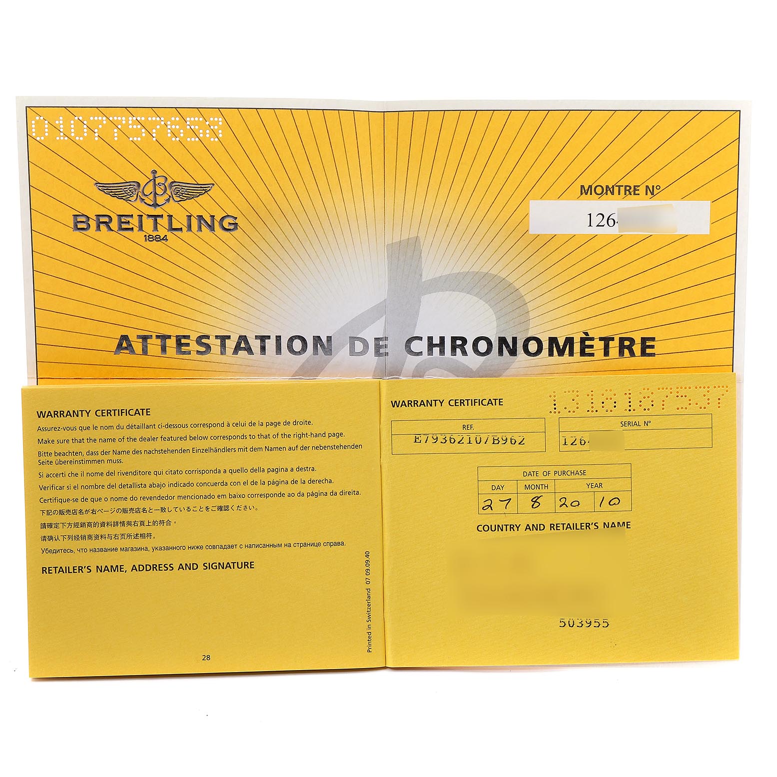 The image shows the warranty certificate and attestation de chronomètre for a Breitling Premier E7936210 Men's Titanium Grey Dial E7936210 Men's Titanium Grey Dial model watch.