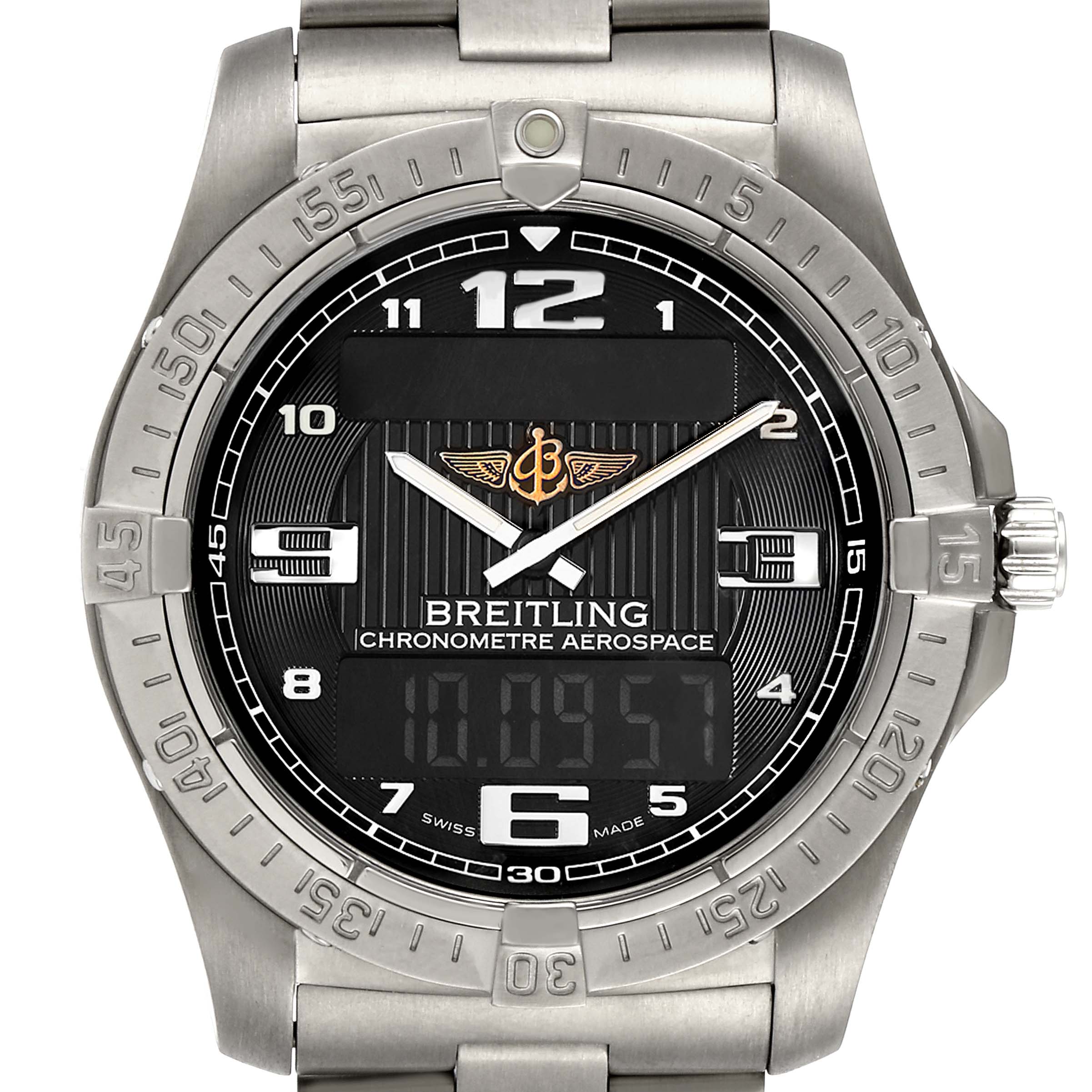 The image shows a frontal close-up of a Breitling Premier E7936210 Men's Titanium Grey Dial E7936210 Men's Titanium Grey Dial Chronometre Aerospace watch highlighting its dial, bezel, and bracelet connection.