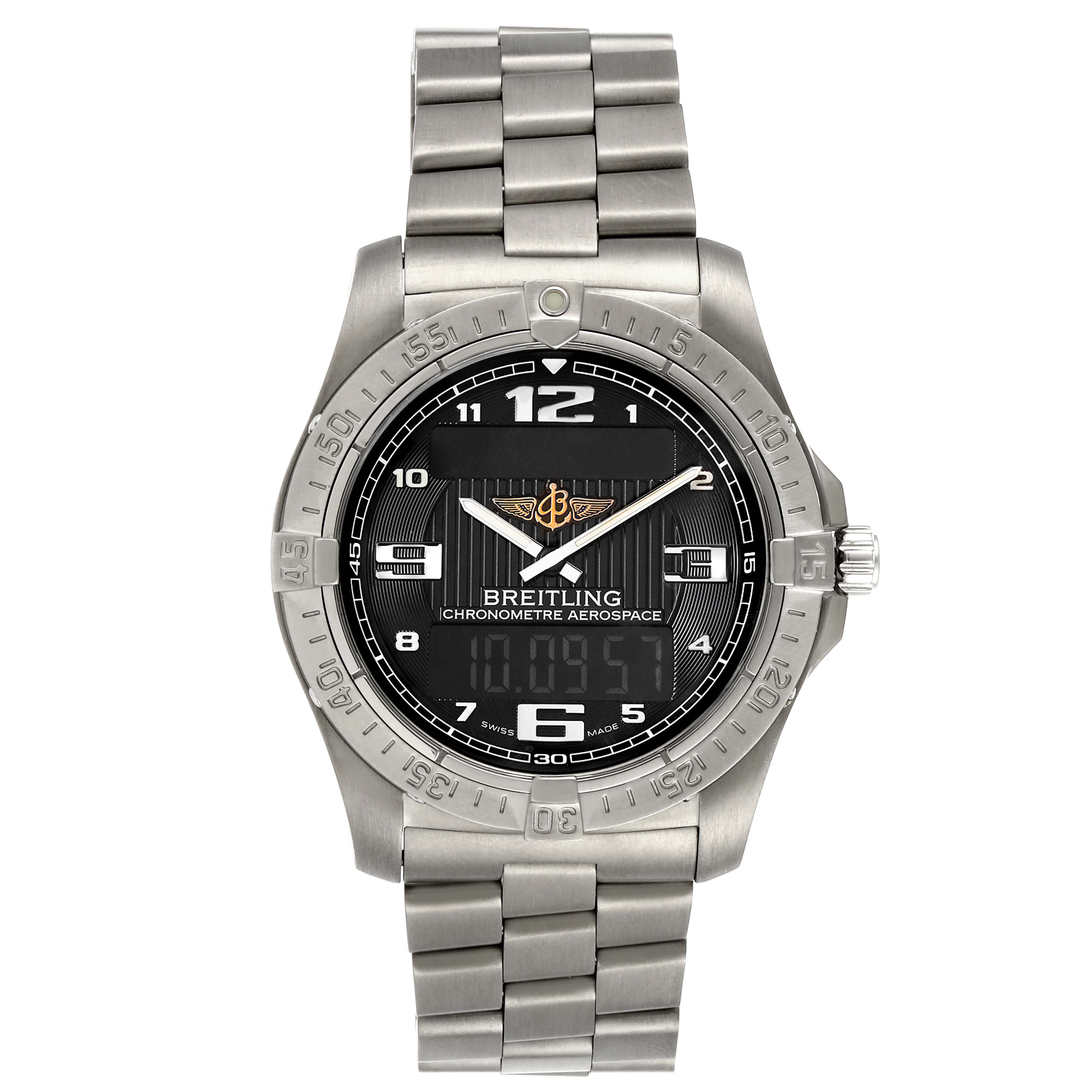The image shows a front view of a Breitling Premier E7936210 Men's Titanium Grey Dial E7936210 Men's Titanium Grey Dial watch, highlighting its dial, bezel, and metal bracelet.