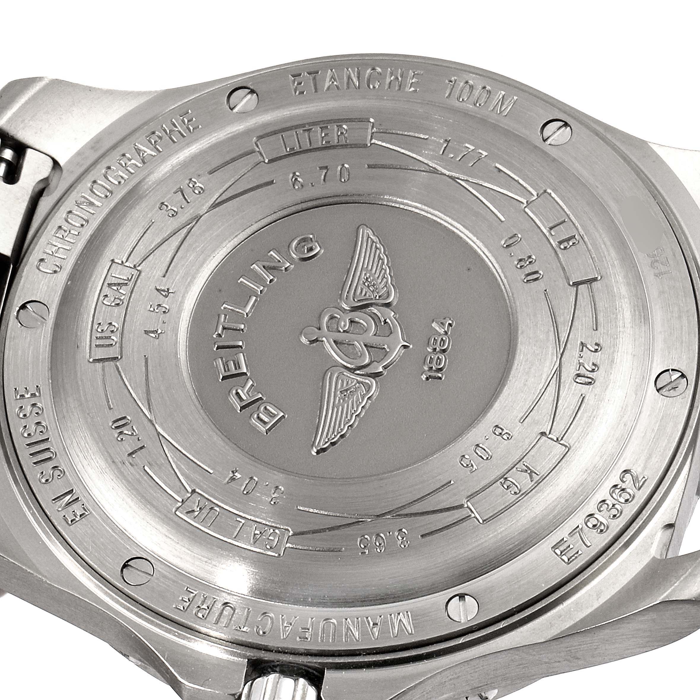 This image shows the back of a Breitling Premier E7936210 Men's Titanium Grey Dial E7936210 Men's Titanium Grey Dial model watch, displaying the brand's logo and various engravings.