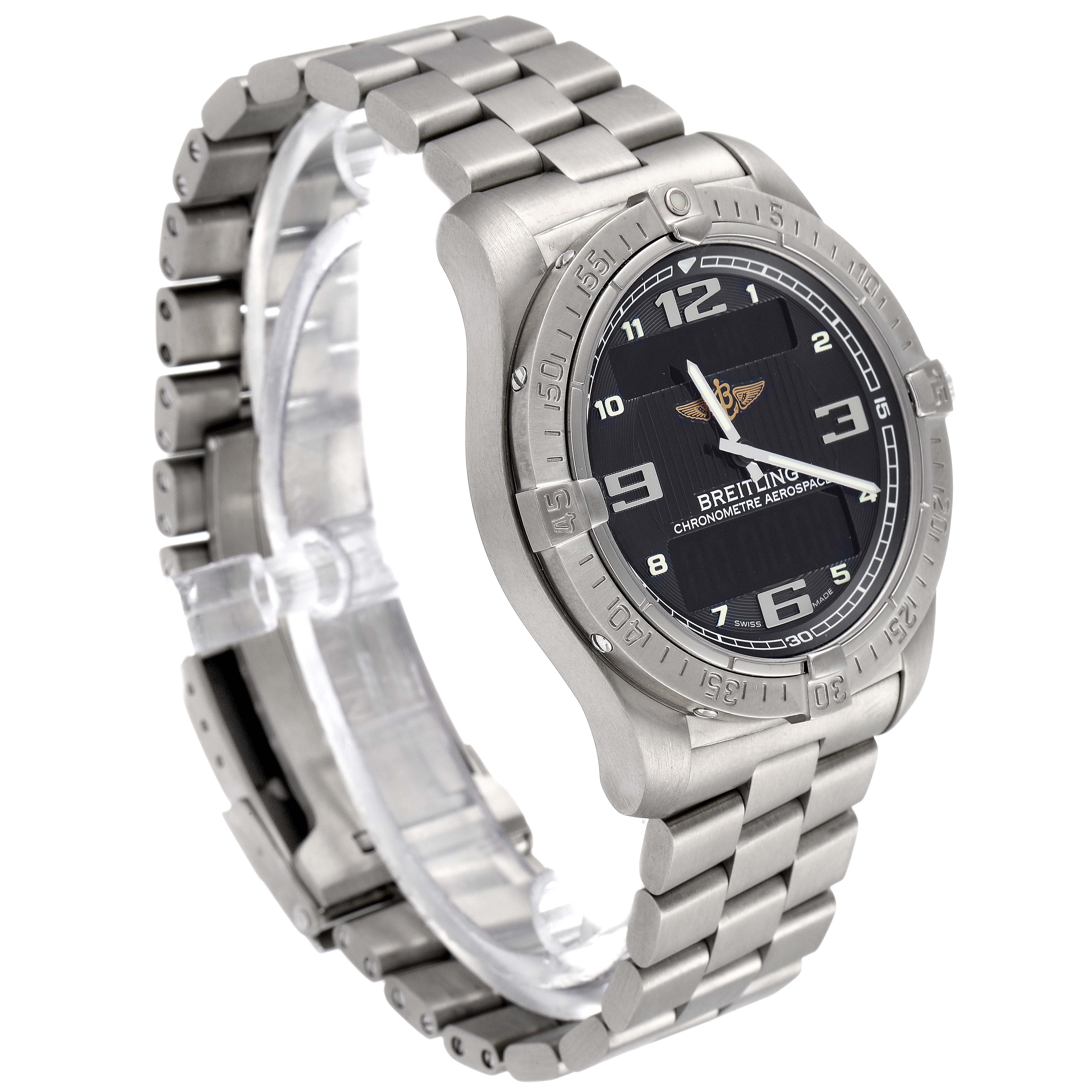 The image shows a Breitling Premier E7936210 Men's Titanium Grey Dial E7936210 Men's Titanium Grey Dial model watch angled to display the face, bezel, and metal bracelet.