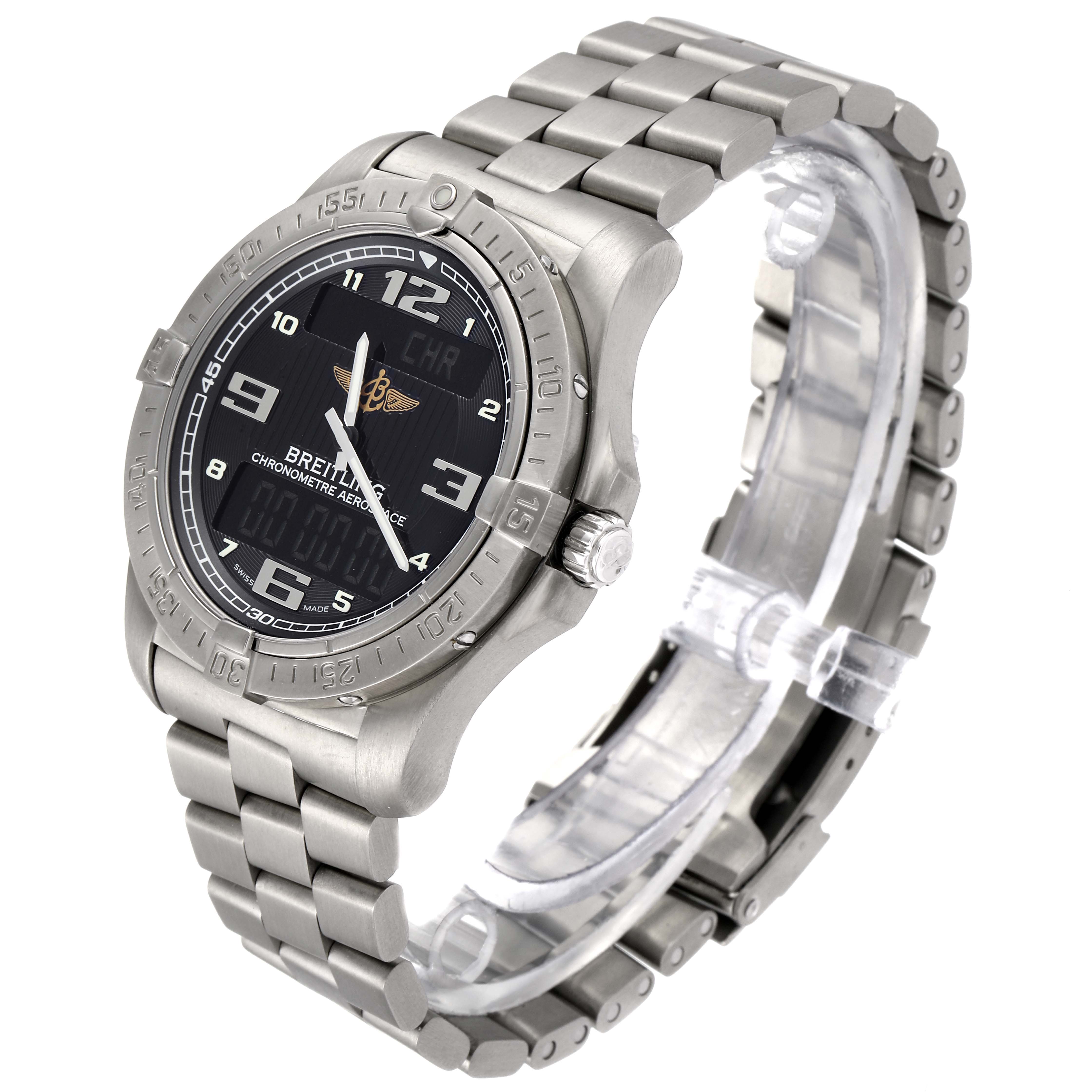 The image shows the Breitling Premier E7936210 Men's Titanium Grey Dial E7936210 Men's Titanium Grey Dial model watch from a three-quarter angle, displaying its face, bezel, crown, and bracelet.