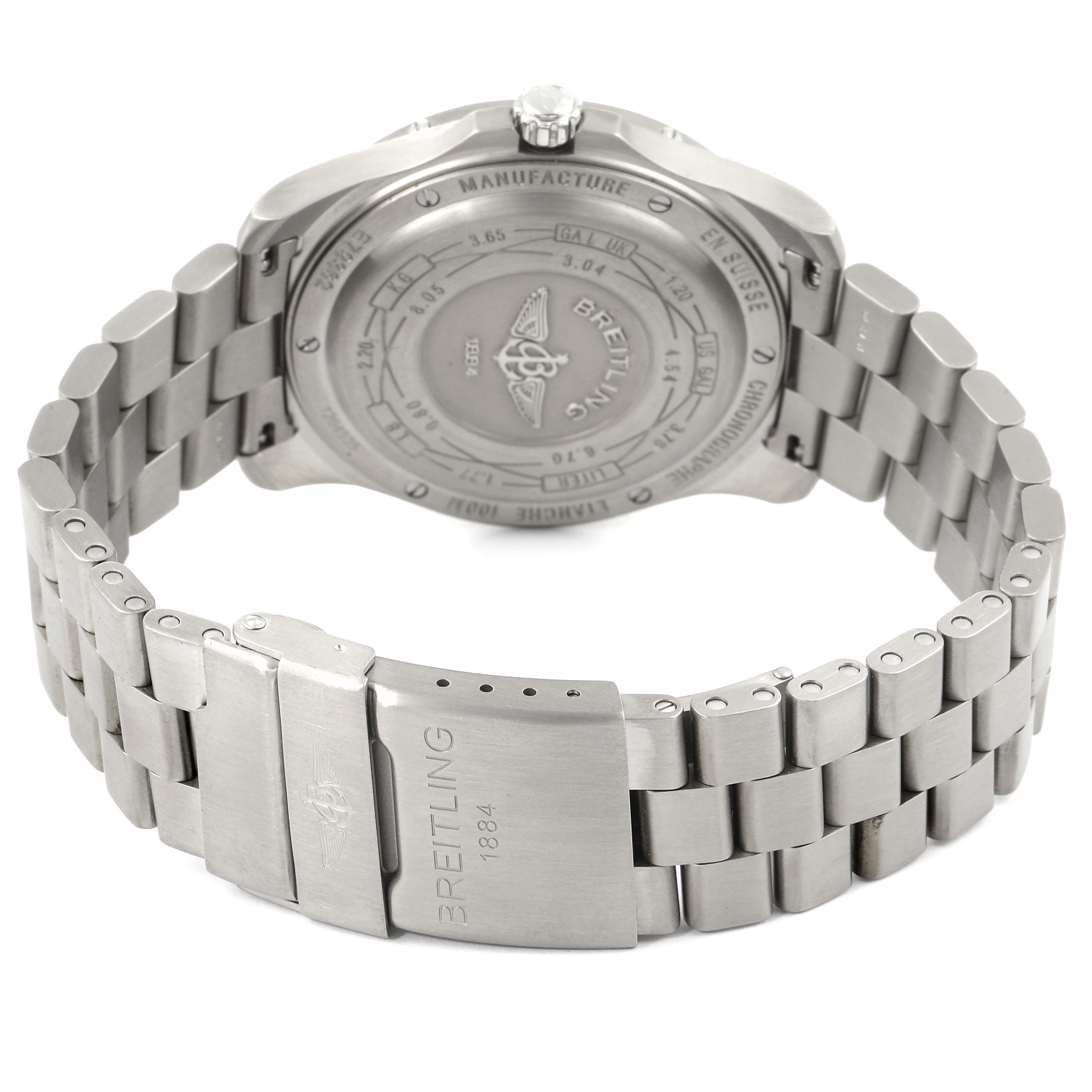 The image shows the back and bracelet strap of the Breitling Premier E7936210 Men's Titanium Grey Dial E7936210 Men's Titanium Grey Dial watch, including the clasp and engraved case back.