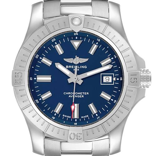 The image shows a Breitling Avenger A17318101C1A1 Men's Stainless Steel Blue Dial watch from a front view, highlighting its blue dial, bezel, and metal bracelet.