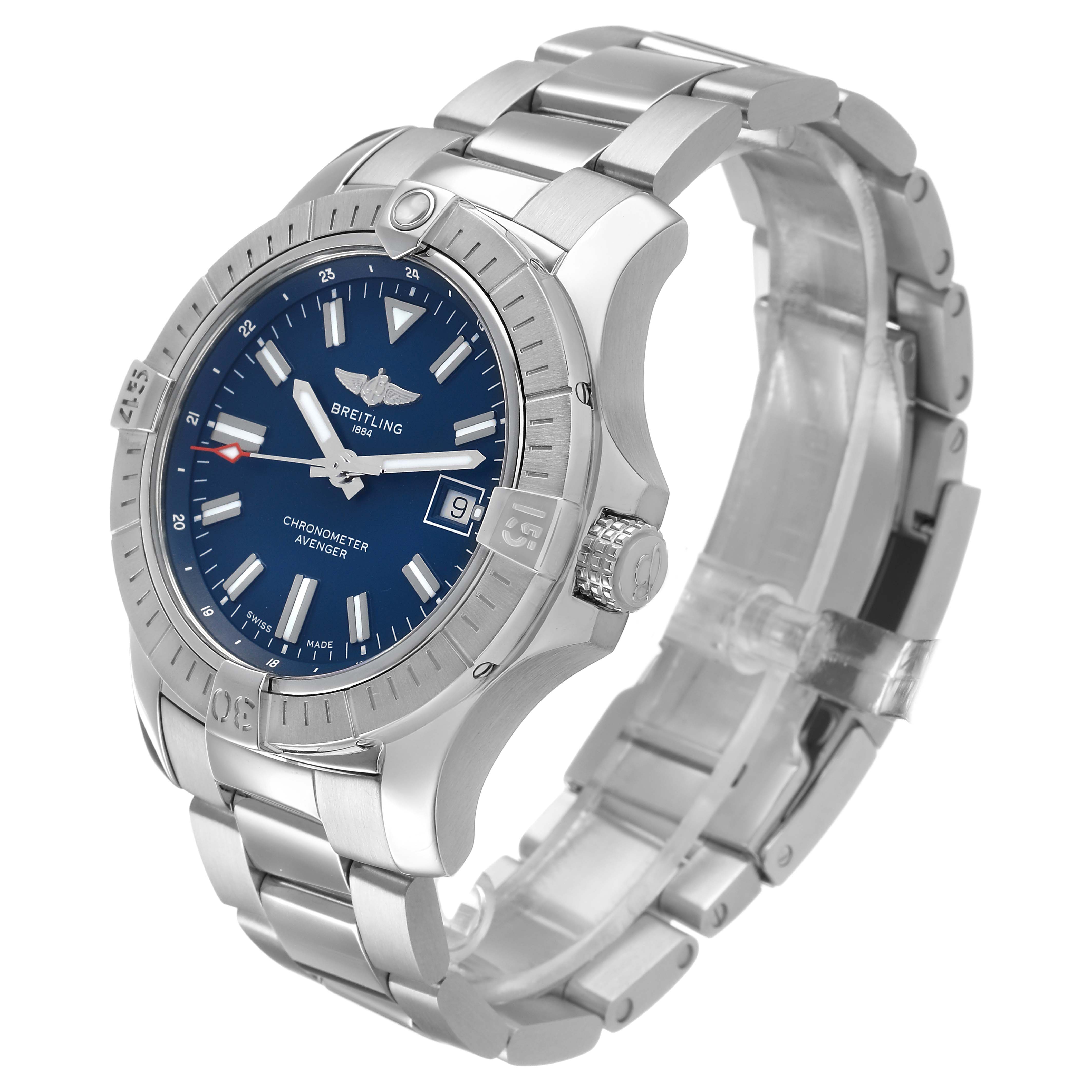 The Breitling Avenger A17318101C1A1 Men's Stainless Steel Blue Dial watch is angled to show the face, bezel, crown, and part of the bracelet.