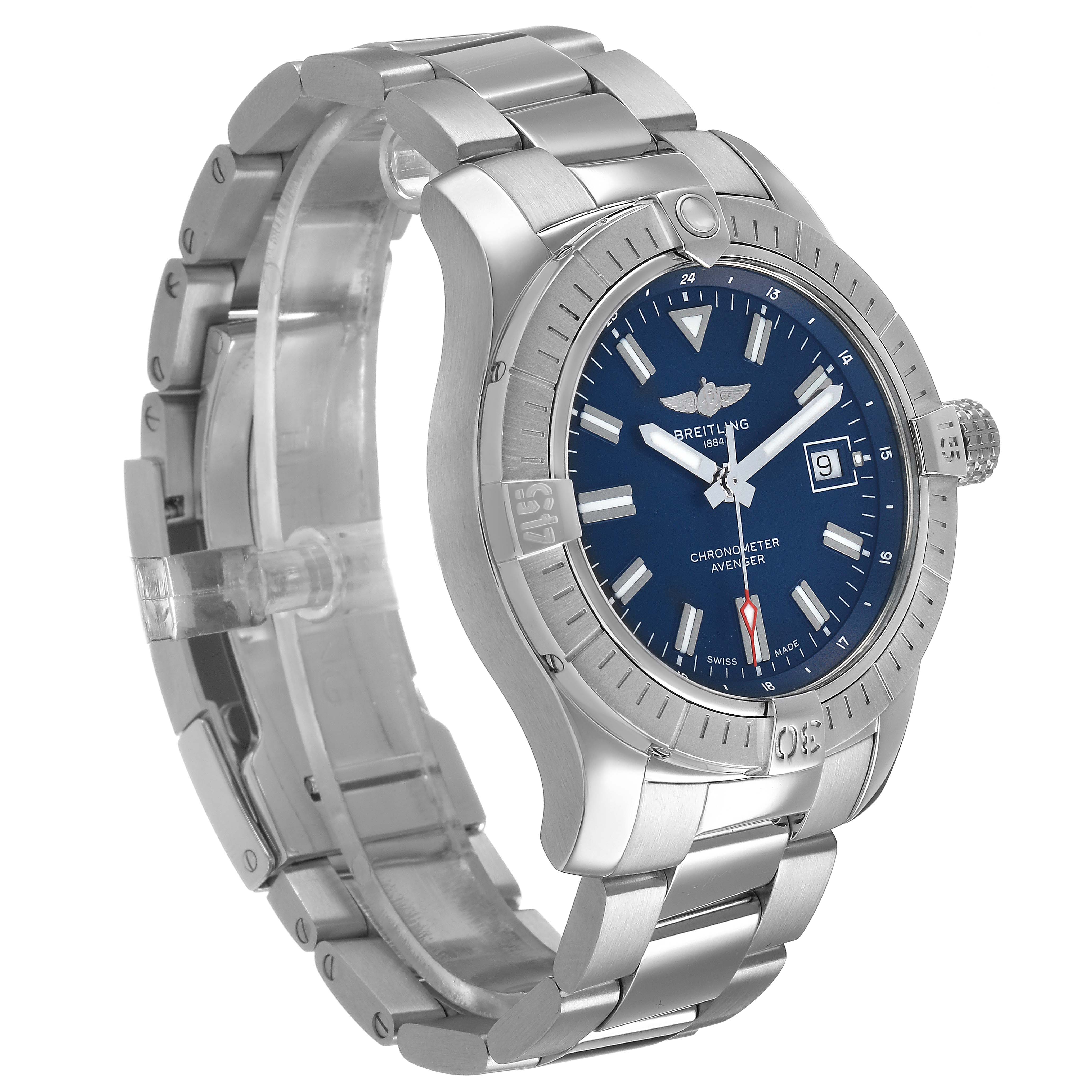 The Breitling Avenger A17318101C1A1 Men's Stainless Steel Blue Dial watch is shown at a three-quarter angle, displaying the bezel, dial, crown, and part of the bracelet.