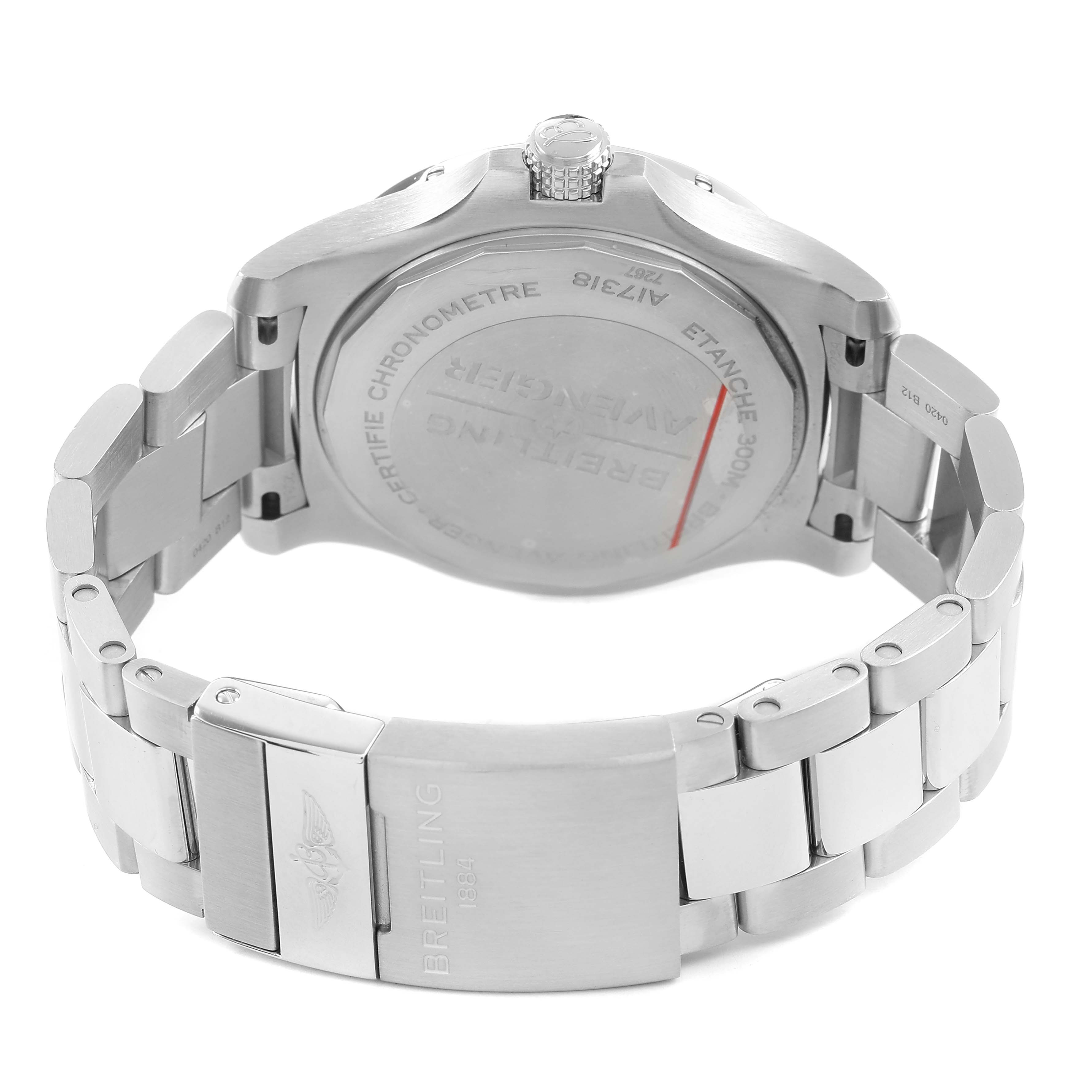 The image shows the back view of a Breitling Avenger A17318101C1A1 Men's Stainless Steel Blue Dial watch, highlighting its case back and metal bracelet clasp.