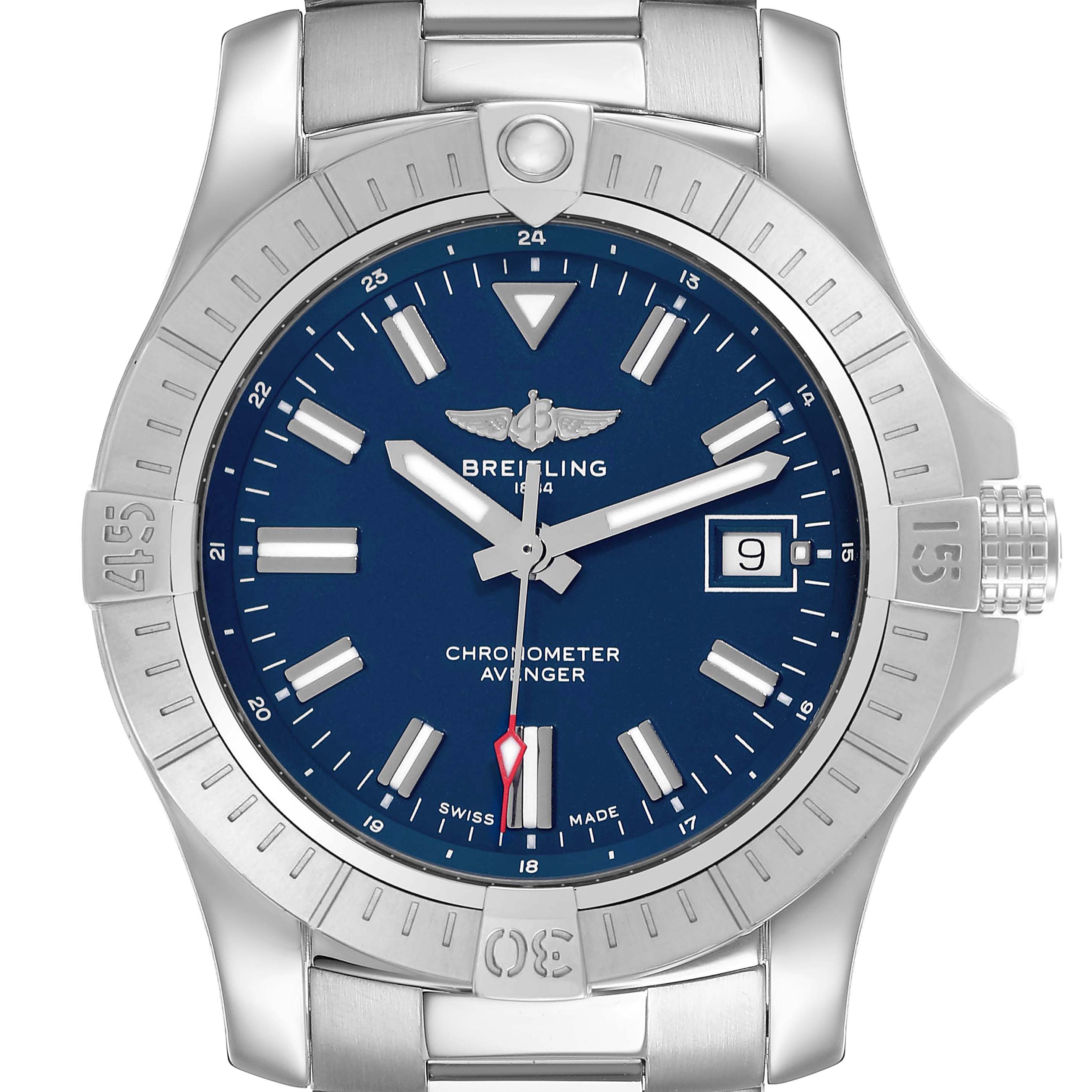 The Breitling Avenger A17318101C1A1 Men's Stainless Steel Blue Dial watch is shown from a front angle, displaying the bezel, dial, hands, and date window.