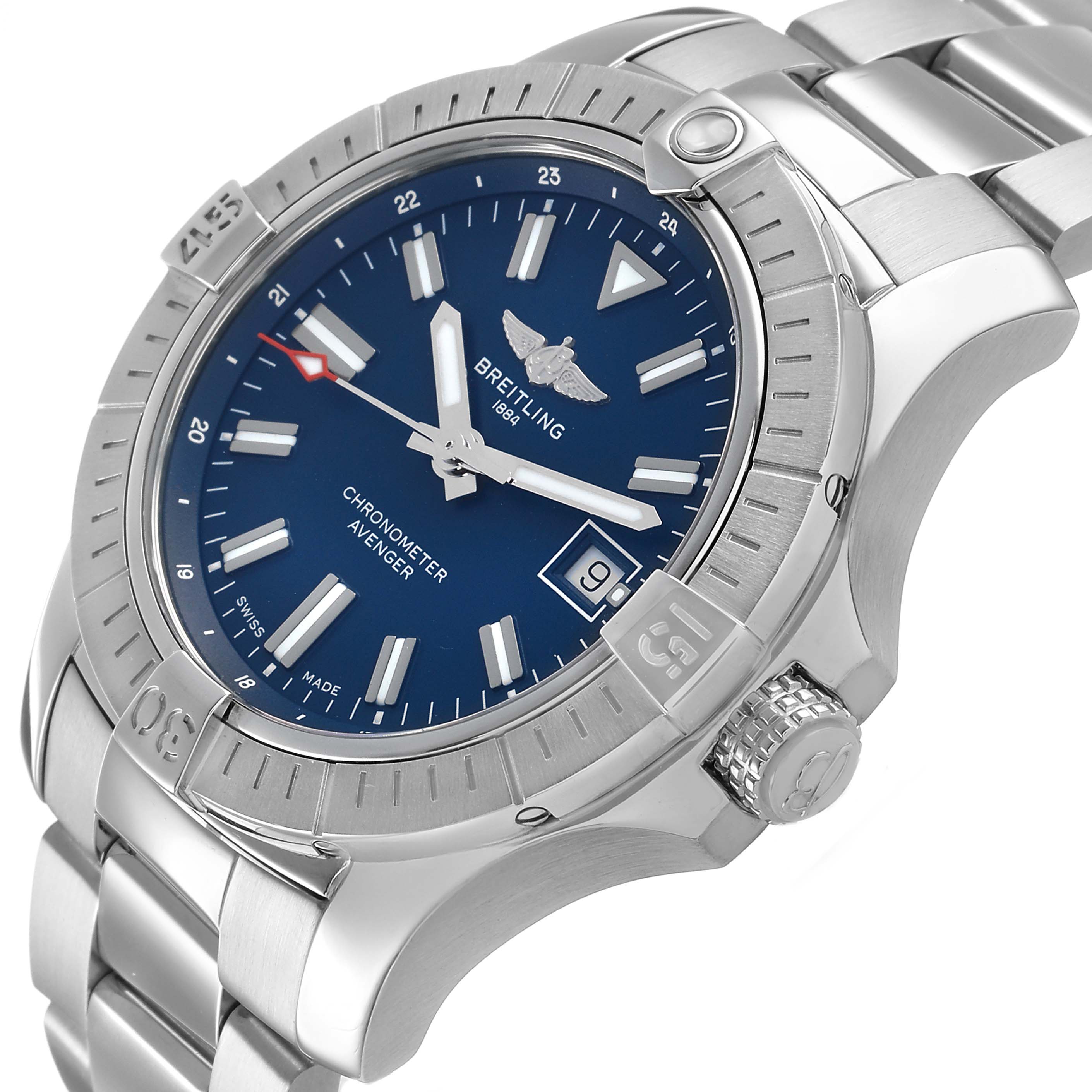The Breitling Avenger A17318101C1A1 Men's Stainless Steel Blue Dial watch is shown at a slight angle from the side, highlighting its blue dial, bezel, crown, and stainless steel bracelet.