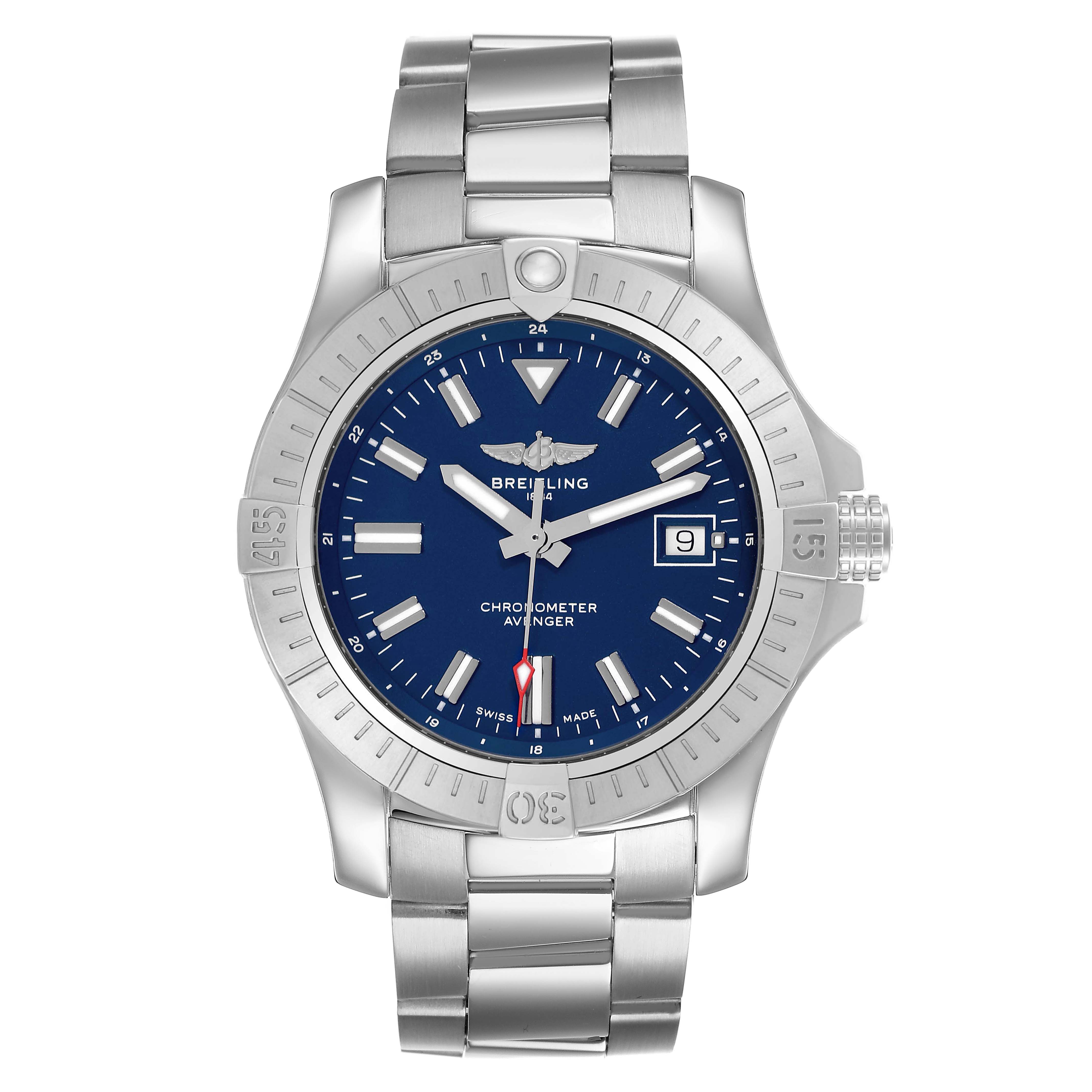 The Breitling Avenger A17318101C1A1 Men's Stainless Steel Blue Dial watch is shown from a frontal angle, displaying its blue dial, bezel, and stainless steel bracelet.