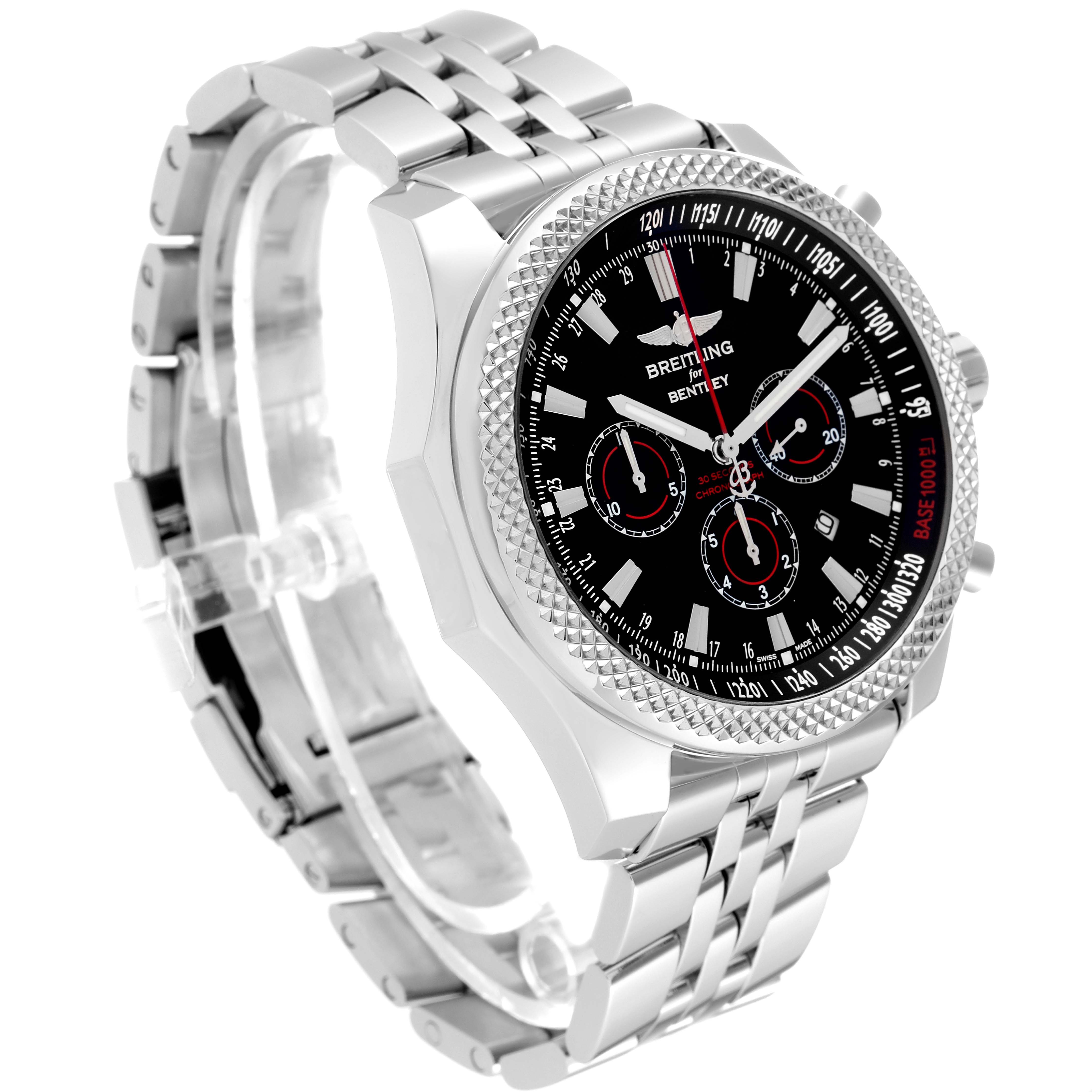 This image shows a Breitling Bentley A25368B11SP Men's Stainless Steel Black Dial A25368B11SP Men's Stainless Steel Black Dial watch at a three-quarter angle, highlighting its face, bezel, and metal bracelet.