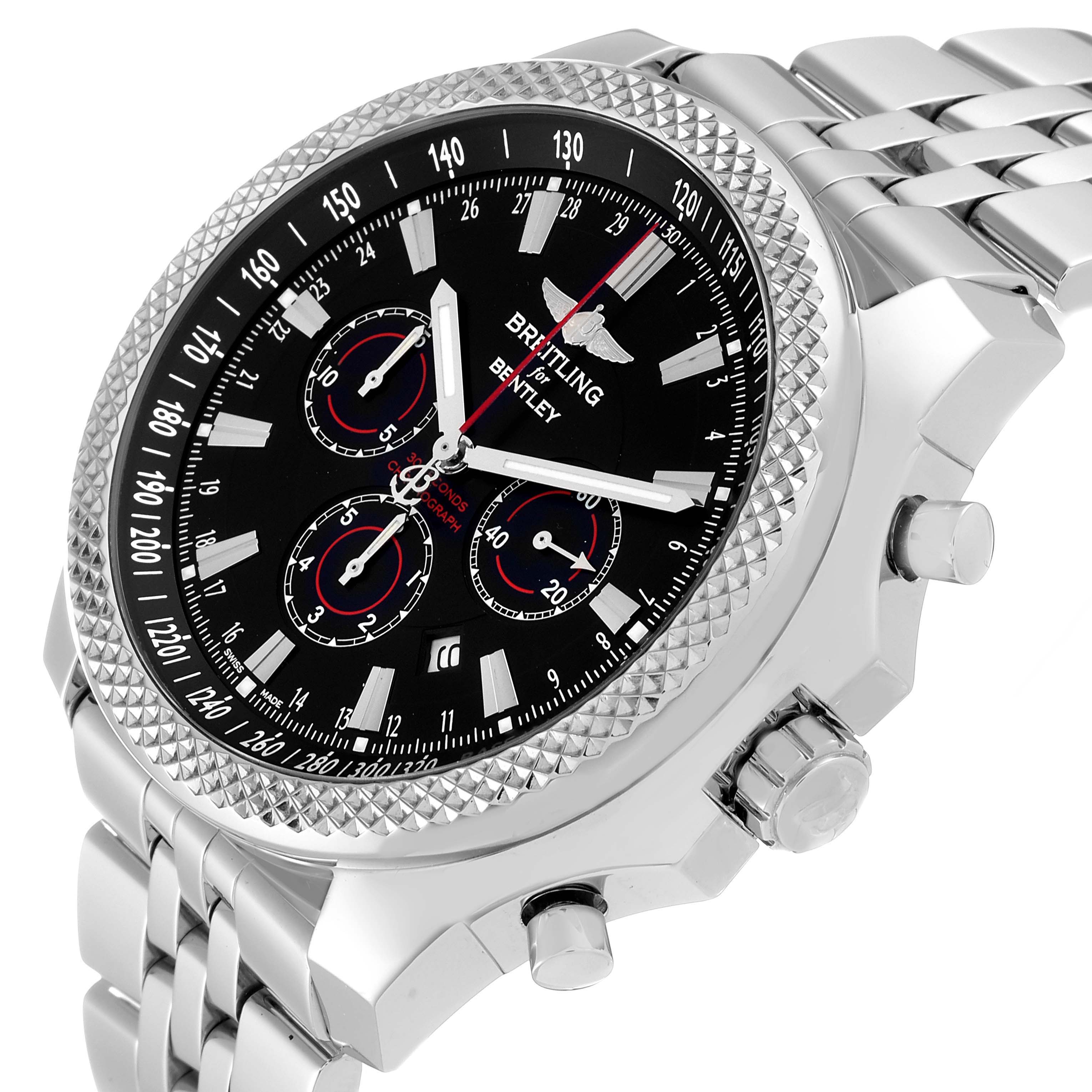 The image shows a Breitling Bentley A25368B11SP Men's Stainless Steel Black Dial A25368B11SP Men's Stainless Steel Black Dial watch angled to display the face, bezel, crown, pushers, and part of the bracelet.
