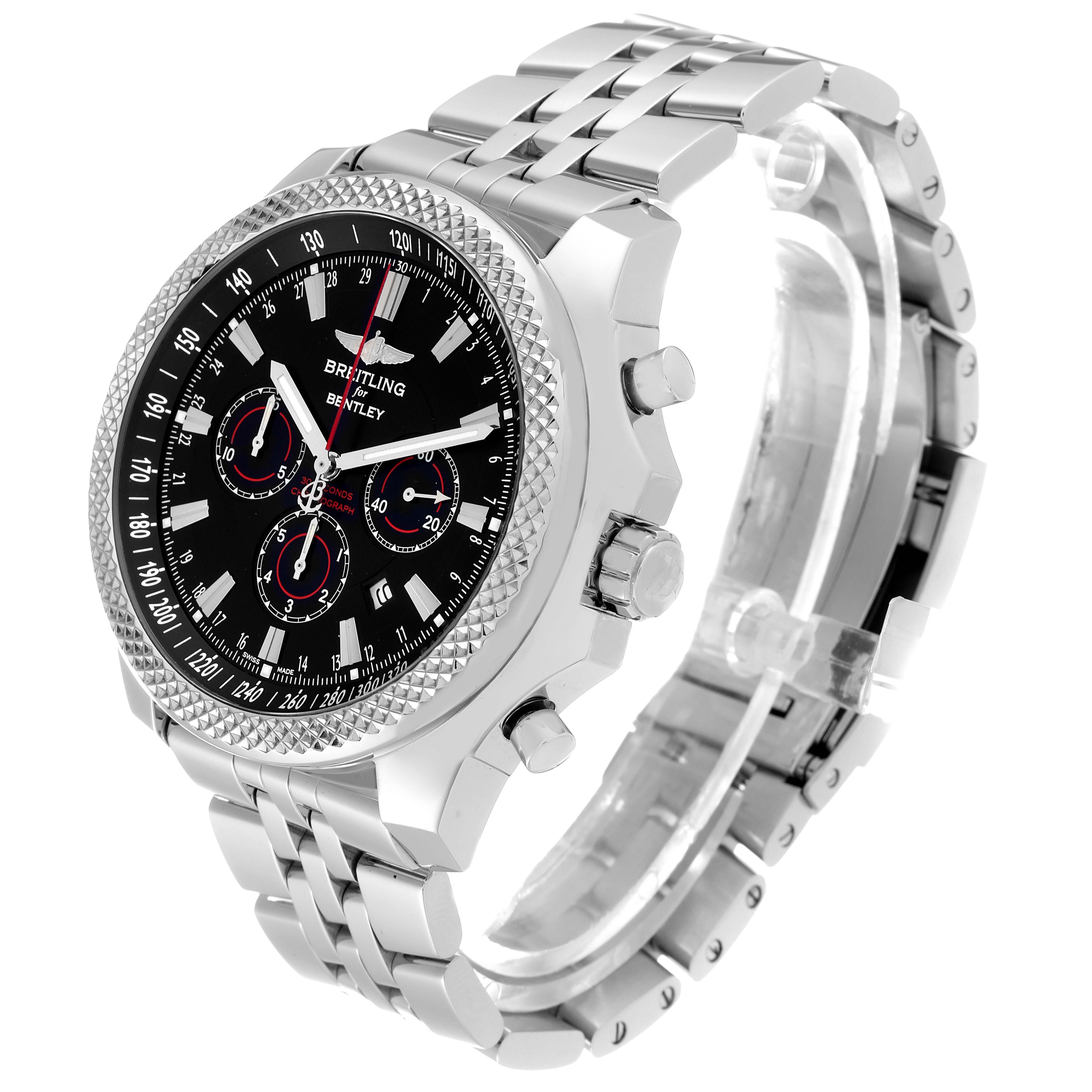 The image shows a Breitling Bentley A25368B11SP Men's Stainless Steel Black Dial A25368B11SP Men's Stainless Steel Black Dial watch at a three-quarter angle, highlighting its face, bezel, crown, pushers, and metal bracelet.