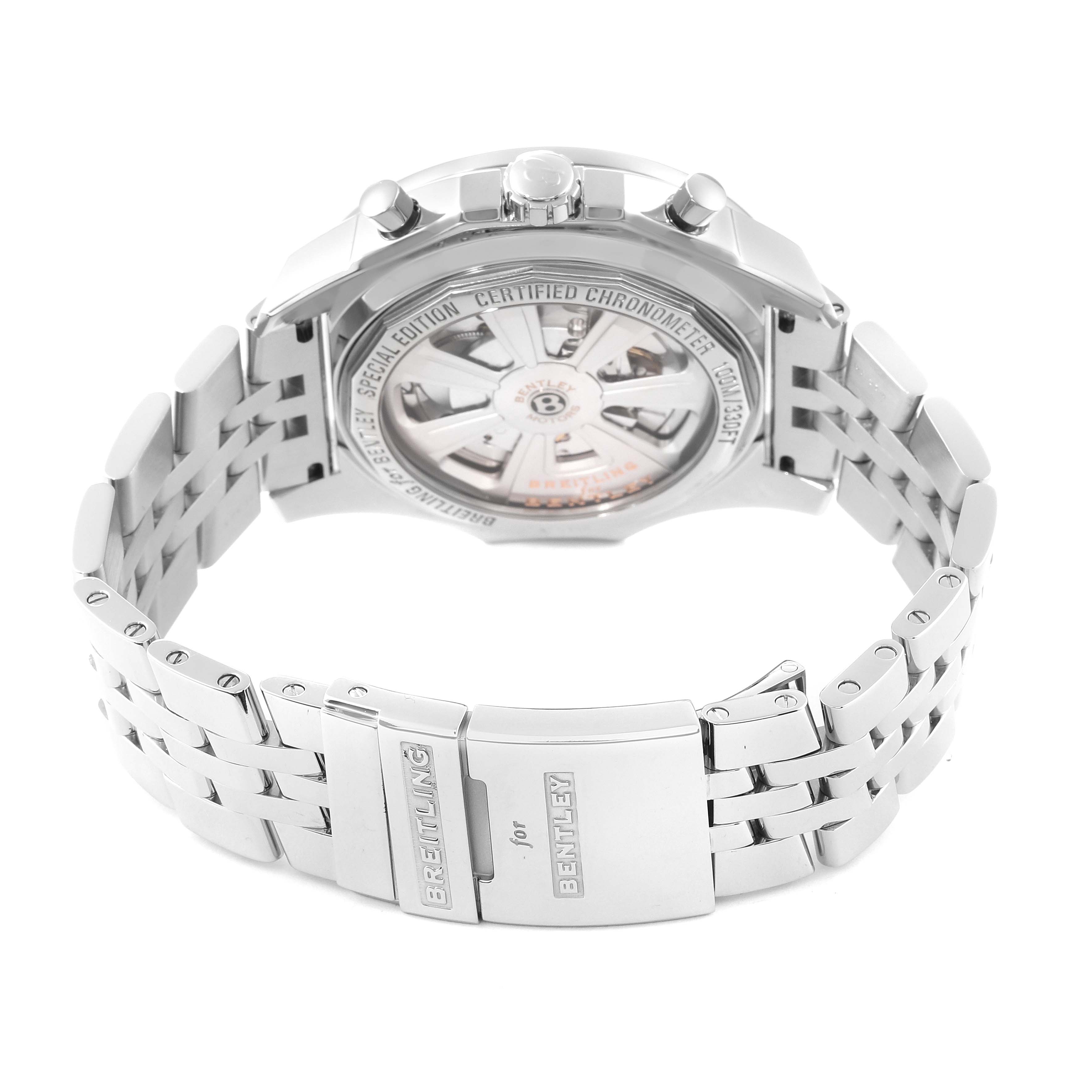 The image shows the back and bracelet of a Breitling Bentley A25368B11SP Men's Stainless Steel Black Dial A25368B11SP Men's Stainless Steel Black Dial watch, displaying the case back, clasp, and part of the bracelet.