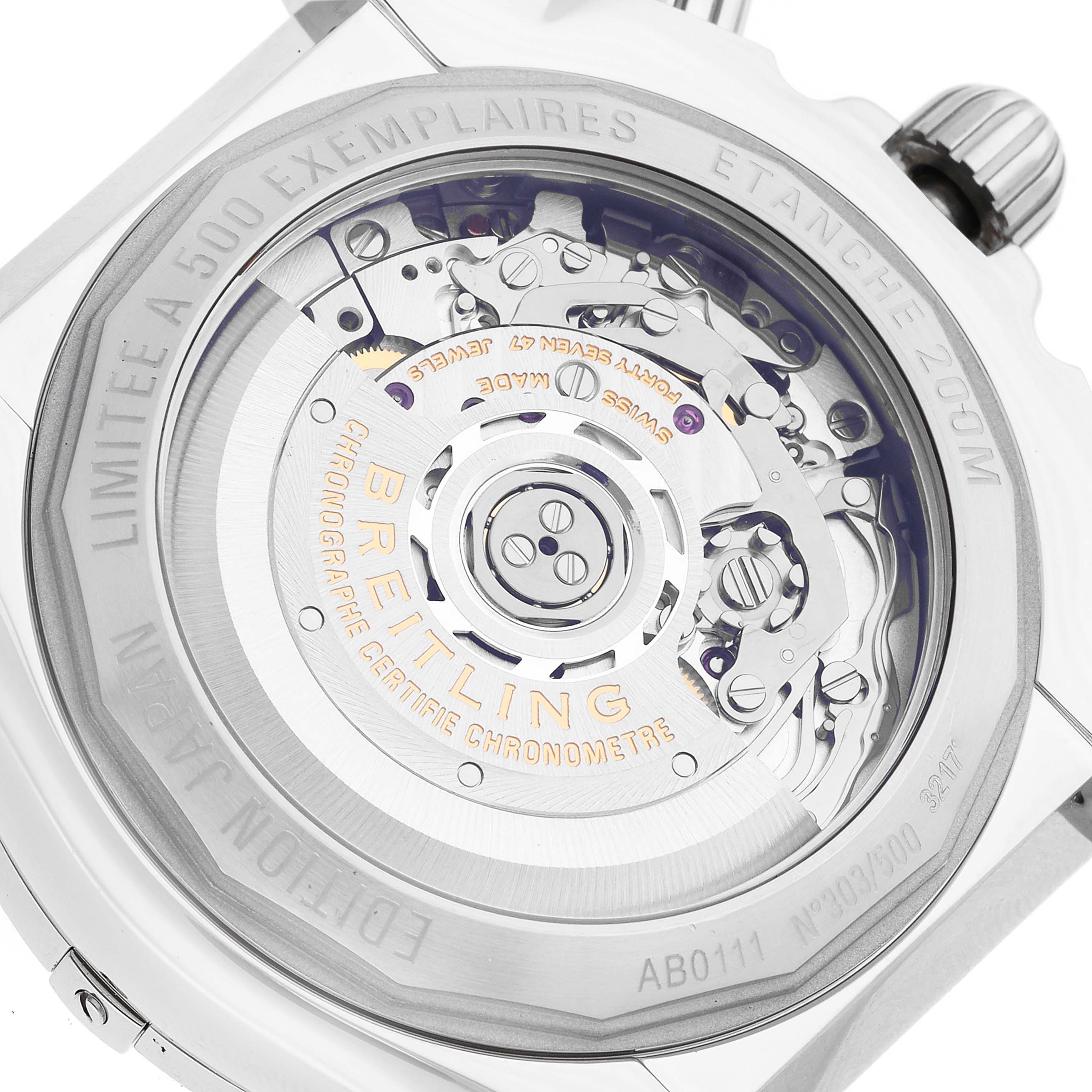 The image shows the back case of a Breitling Limited Series model, highlighting its intricate movement and numbering.