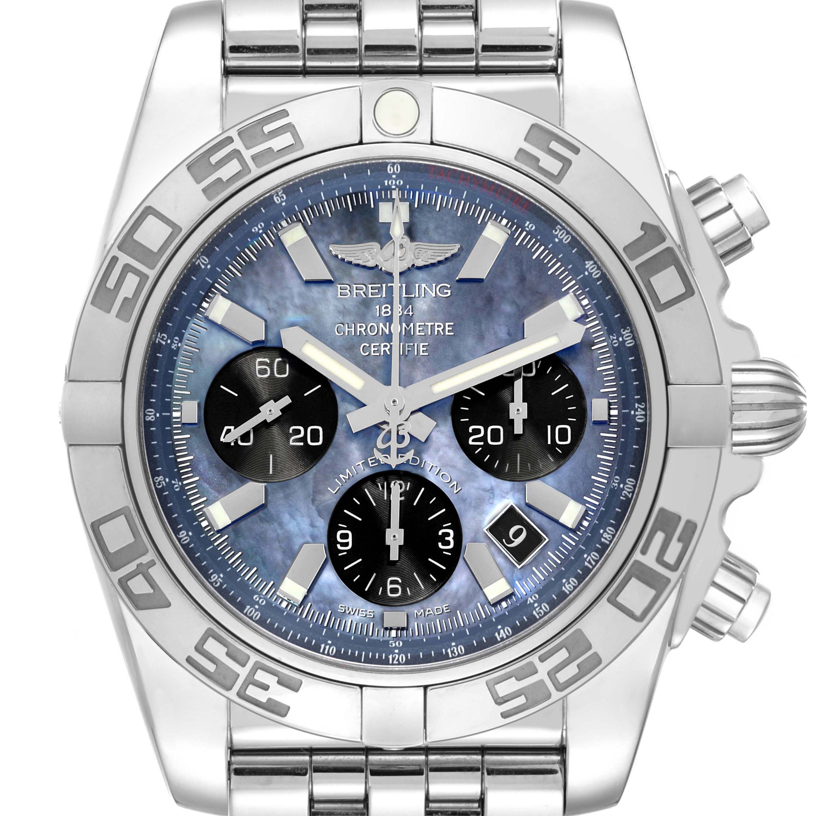 The Breitling Chronomat AB01111A/BF68 Men's Stainless Steel Mother of Pearl Dial AB01111A/BF68 Men's Stainless Steel Mother of Pearl Dial watch is shown from a front angle, featuring its bezel, dial, subdials, hands, and part of the bracelet.
