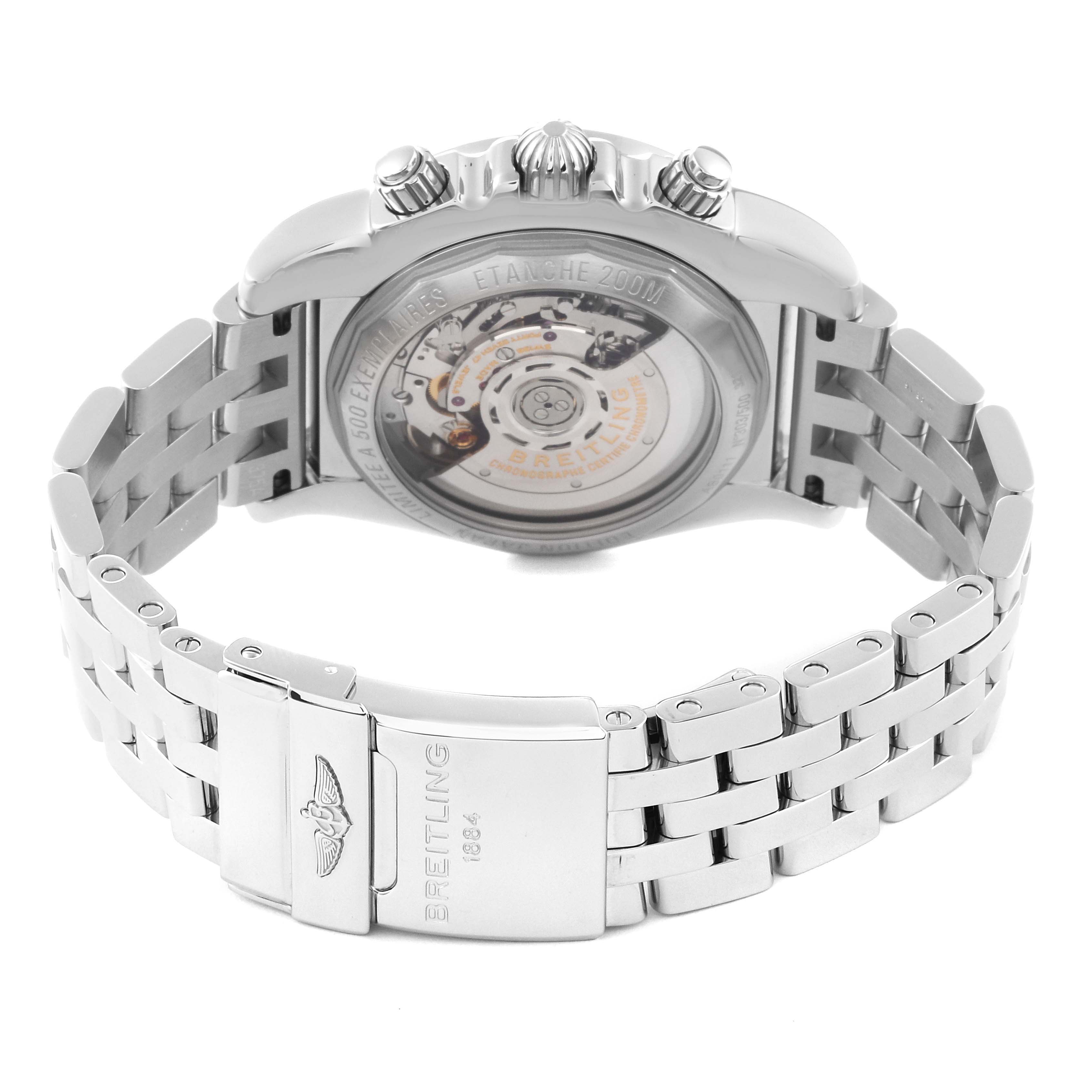 This image shows the back view of a Breitling Limited Series watch, focusing on its transparent case back and metal bracelet.