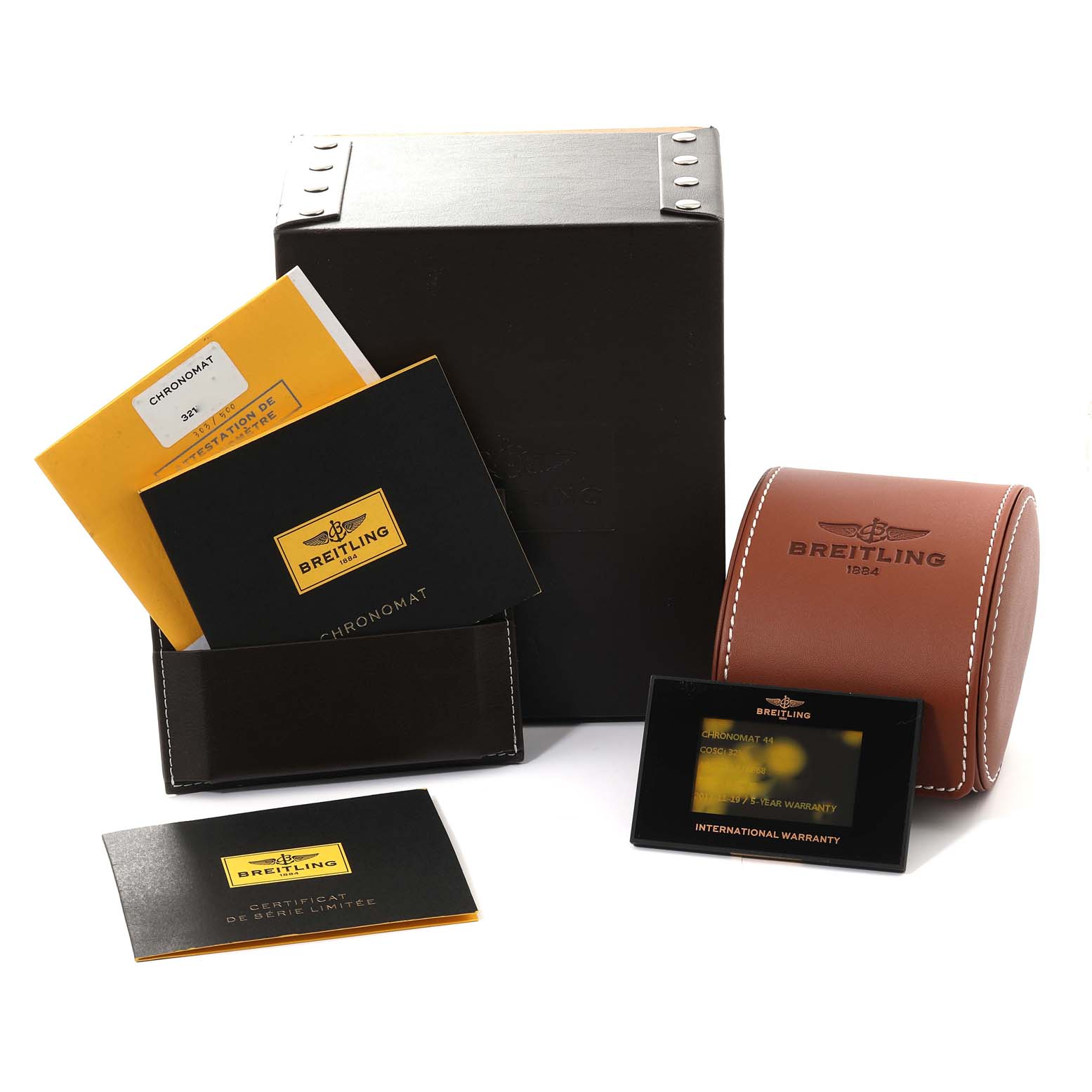 The image shows the packaging, warranty card, manuals, and leather carrying case for the Limited Series Breitling Chronomat AB01111A/BF68 Men's Stainless Steel Mother of Pearl Dial AB01111A/BF68 Men's Stainless Steel Mother of Pearl Dial watch.