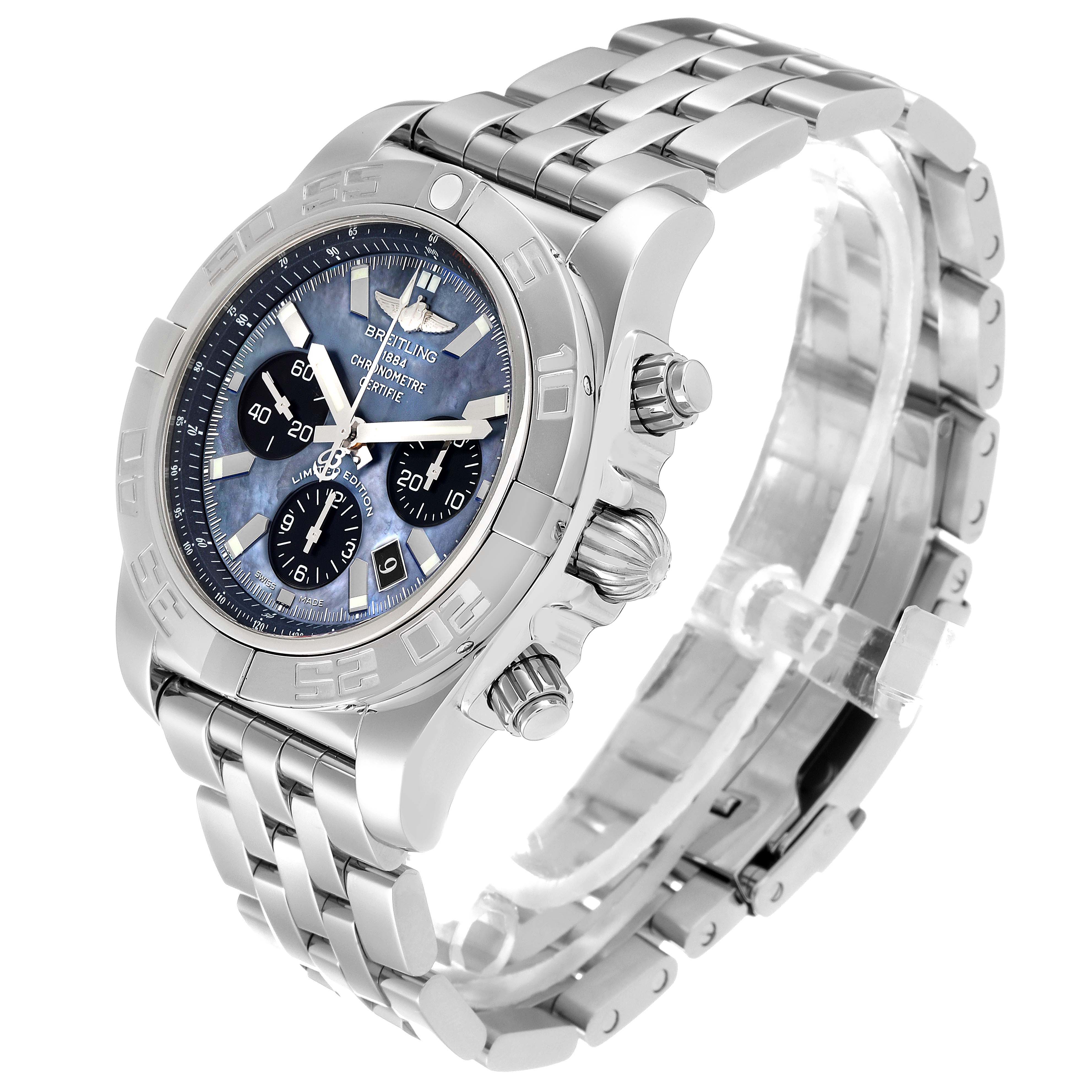 The image shows a Limited Series Breitling watch at a three-quarter angle, highlighting the face, bezel, crown, and metal bracelet.