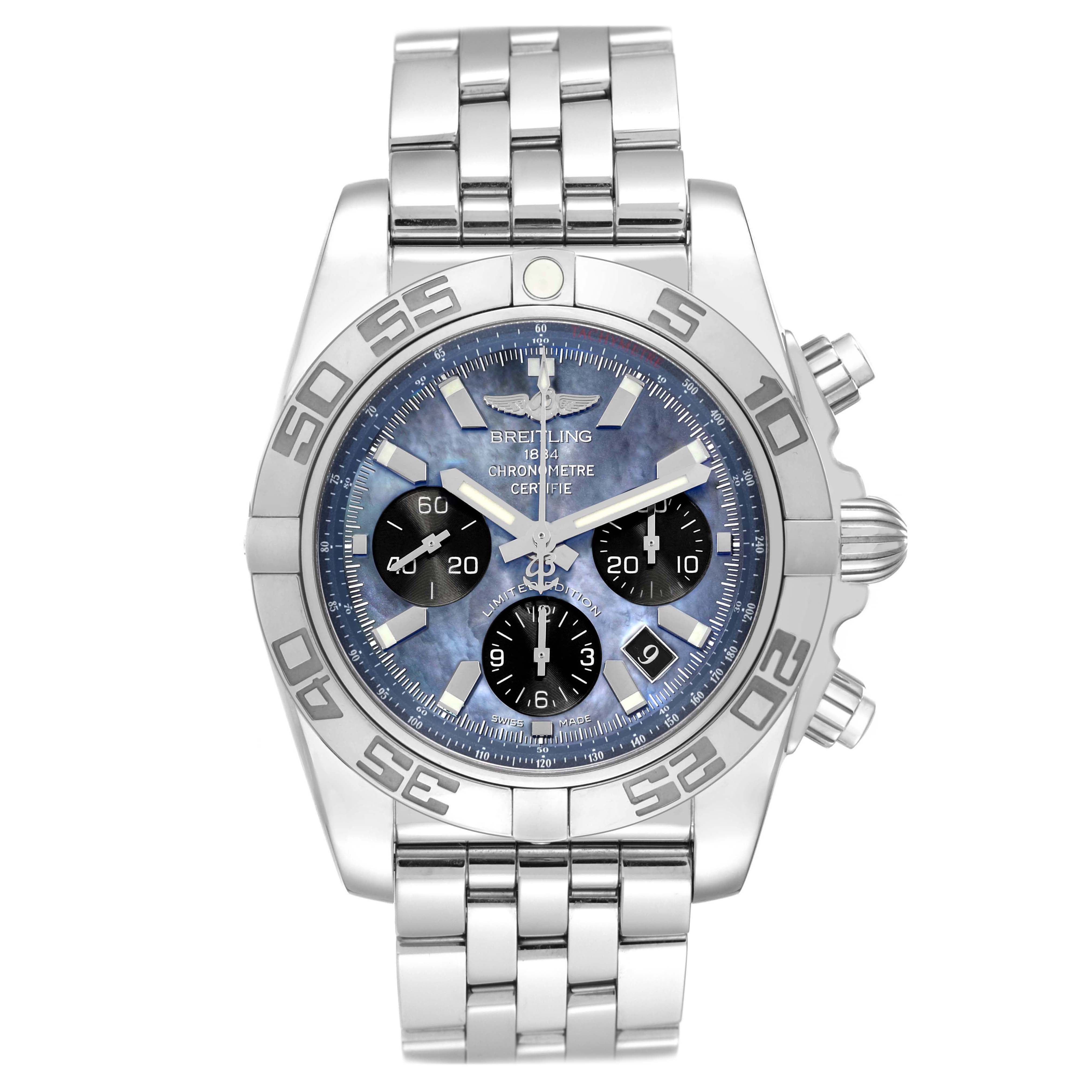 This image shows a frontal view of a Breitling Limited Series watch, highlighting the face, bezel, and bracelet details.
