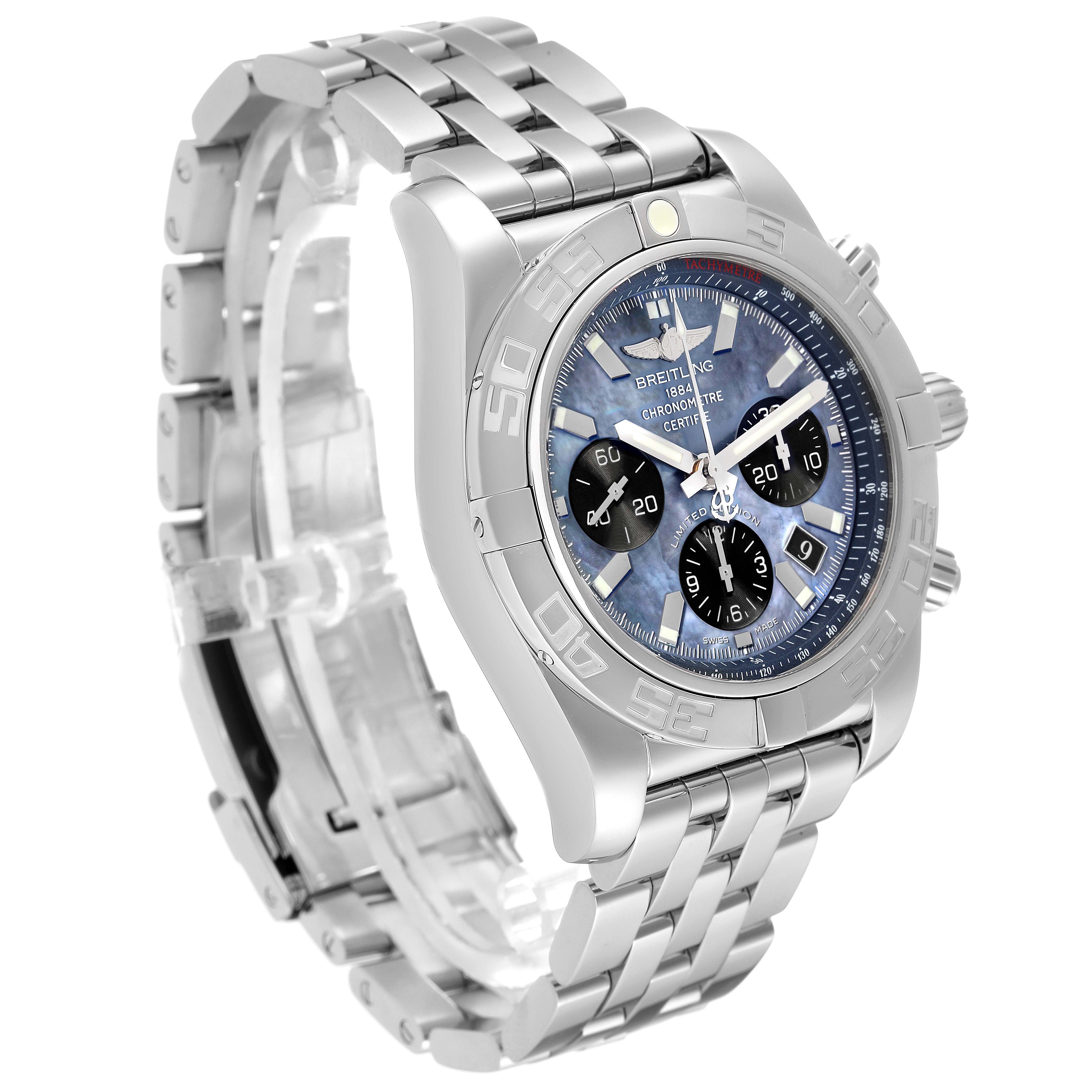 The Breitling Limited Series watch is shown at a three-quarter angle, highlighting the bracelet, dial, and bezel.