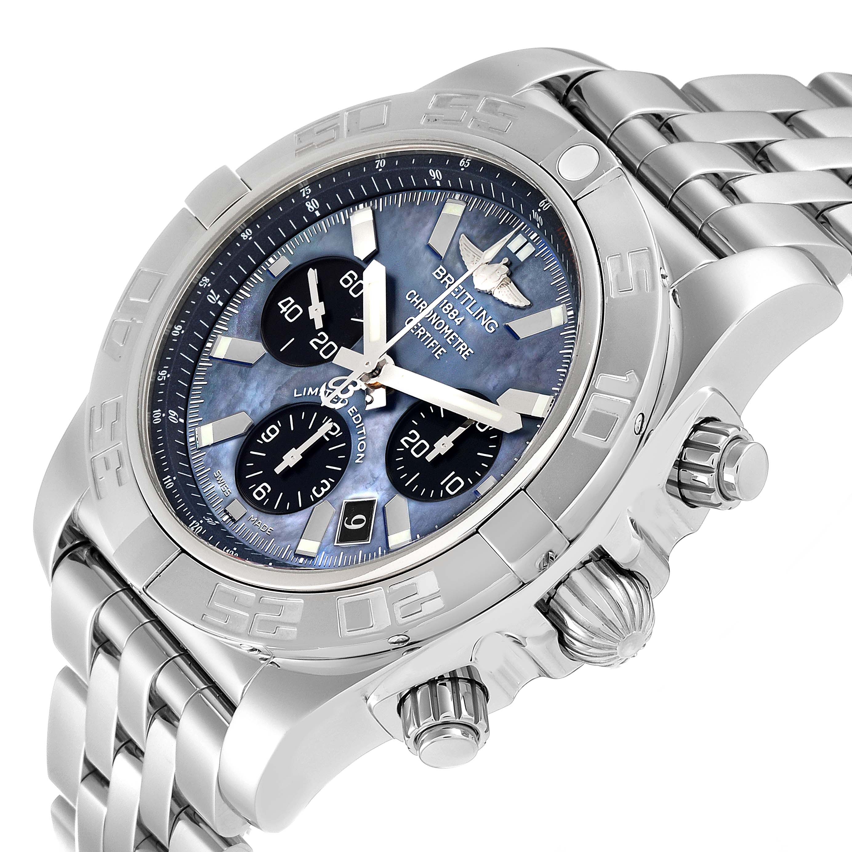 This image shows a front and side view of the Breitling Limited Series model watch, highlighting its face, dial, bezel, and bracelet.