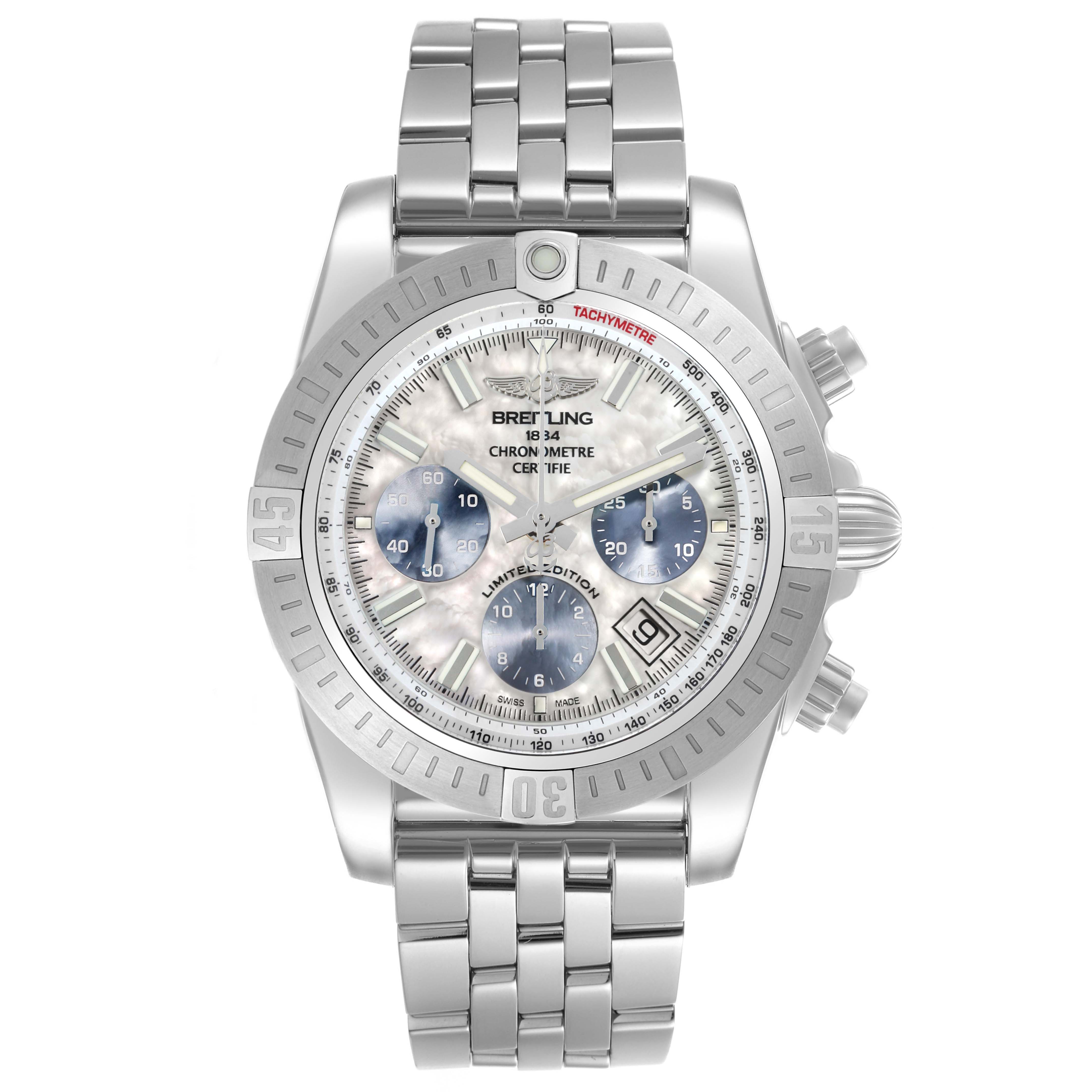 The Breitling Chronomat AB0115 Men's Stainless Steel Mother of Pearl Dial watch is shown from a front view, displaying the dial, bezel, and bracelet prominently.