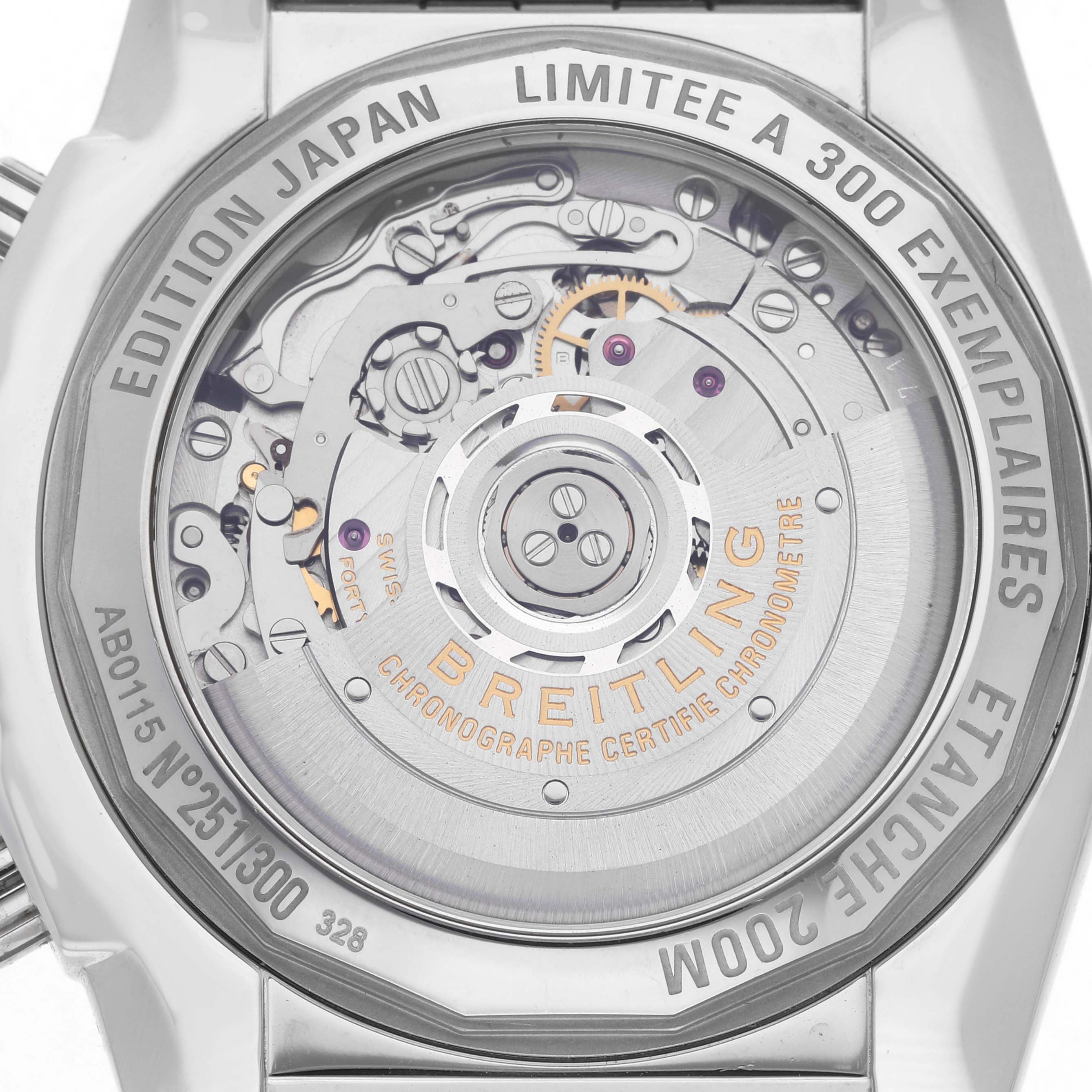 The image shows the back view of a Breitling Chronomat AB0115 Men's Stainless Steel Mother of Pearl Dial watch displaying its intricate movement and limited edition details.