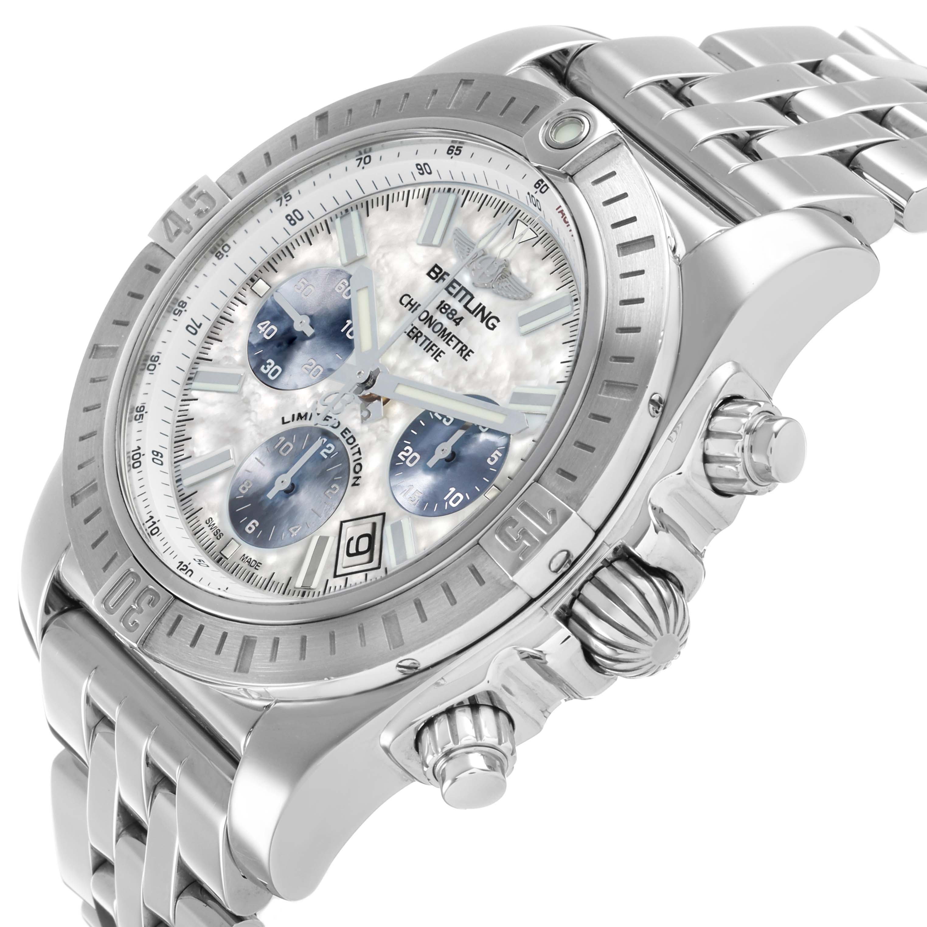 The image shows a Breitling Chronomat AB0115 Men's Stainless Steel Mother of Pearl Dial watch at a tilted angle, highlighting the bezel, dial, subdials, crown, pushers, and bracelet.
