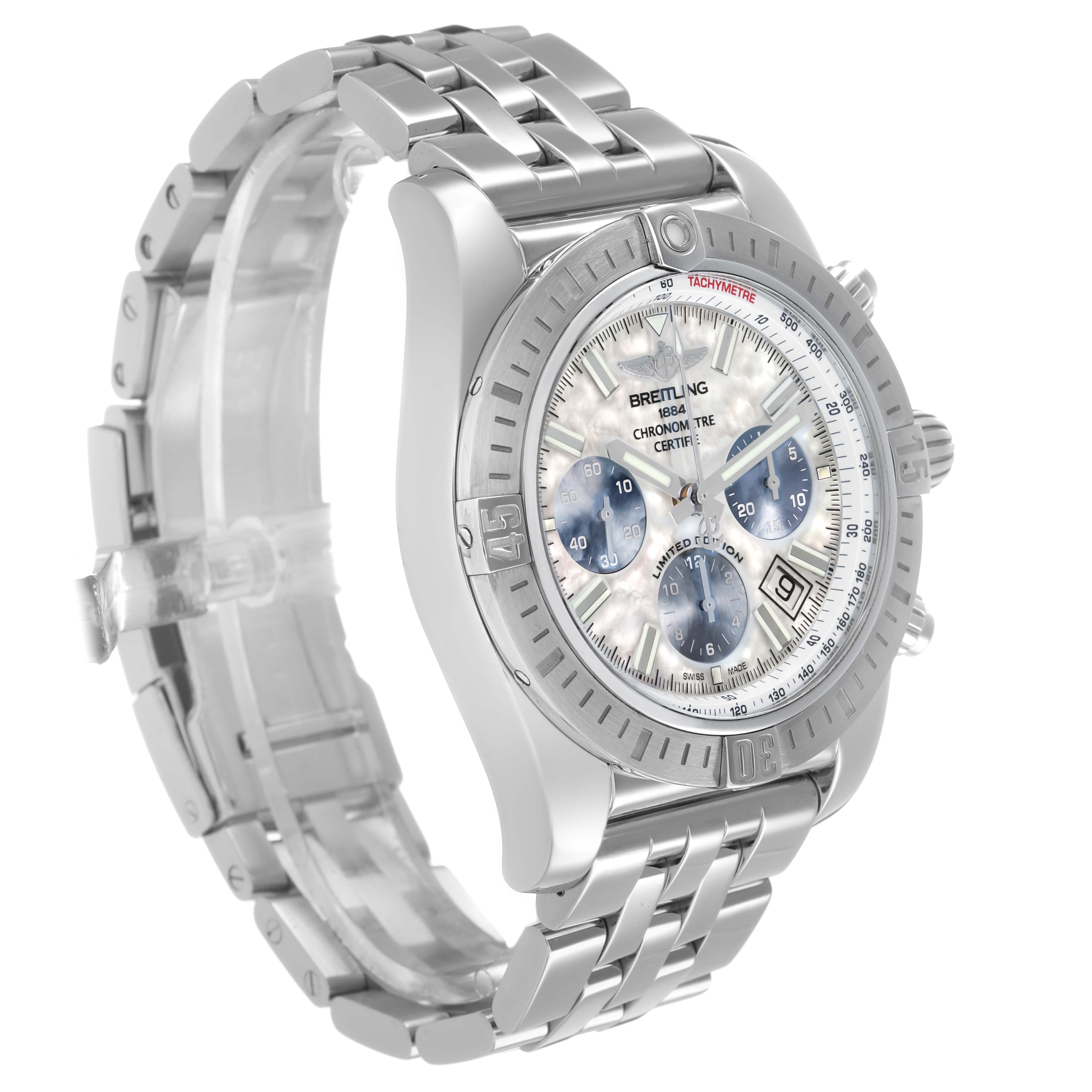 The Breitling Chronomat AB0115 Men's Stainless Steel Mother of Pearl Dial watch is shown from a three-quarter angle, highlighting the face, bezel, and bracelet.