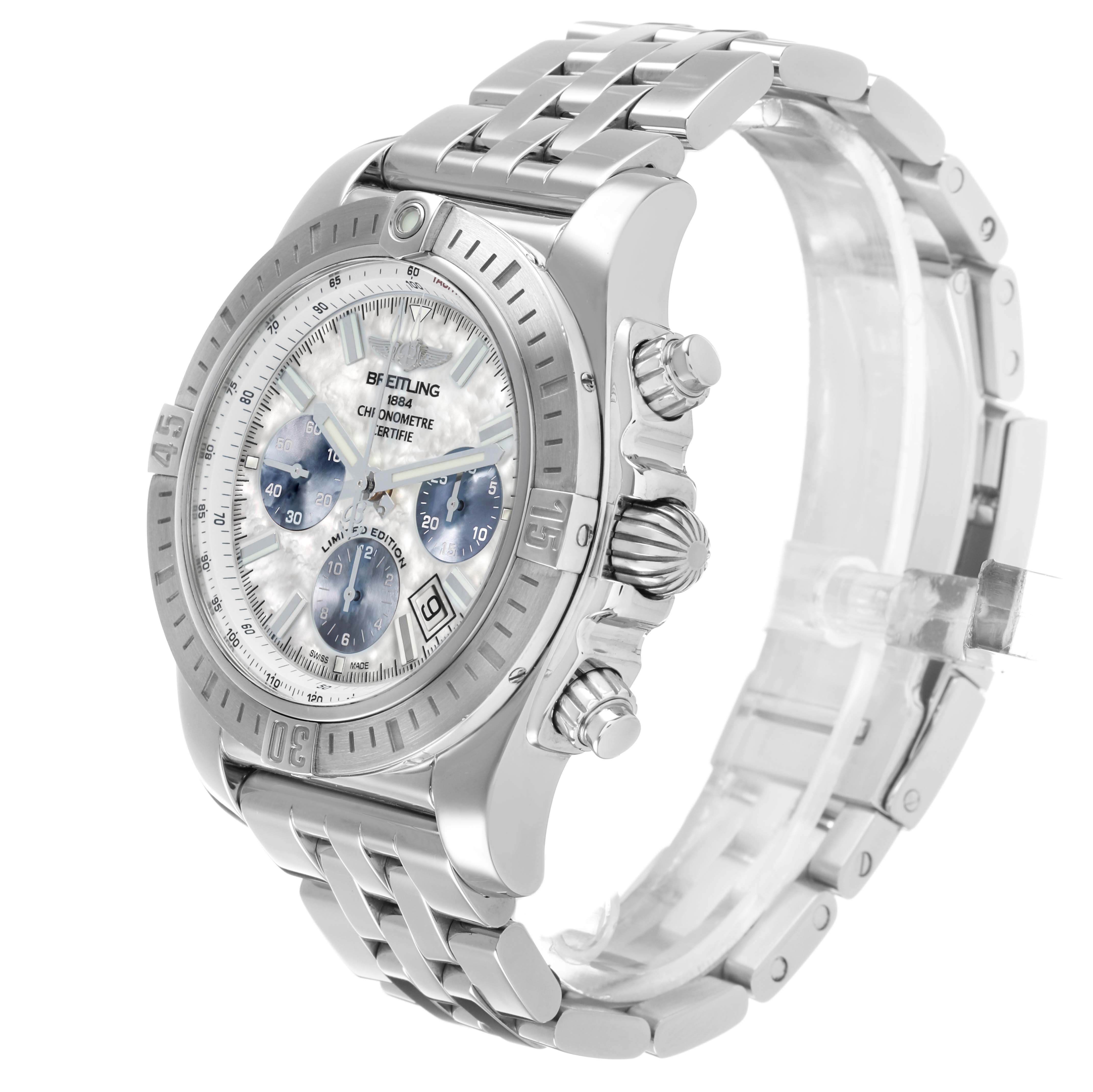 The Breitling Chronomat AB0115 Men's Stainless Steel Mother of Pearl Dial is shown in a three-quarter view, highlighting the face, crown, pushers, and metal bracelet.