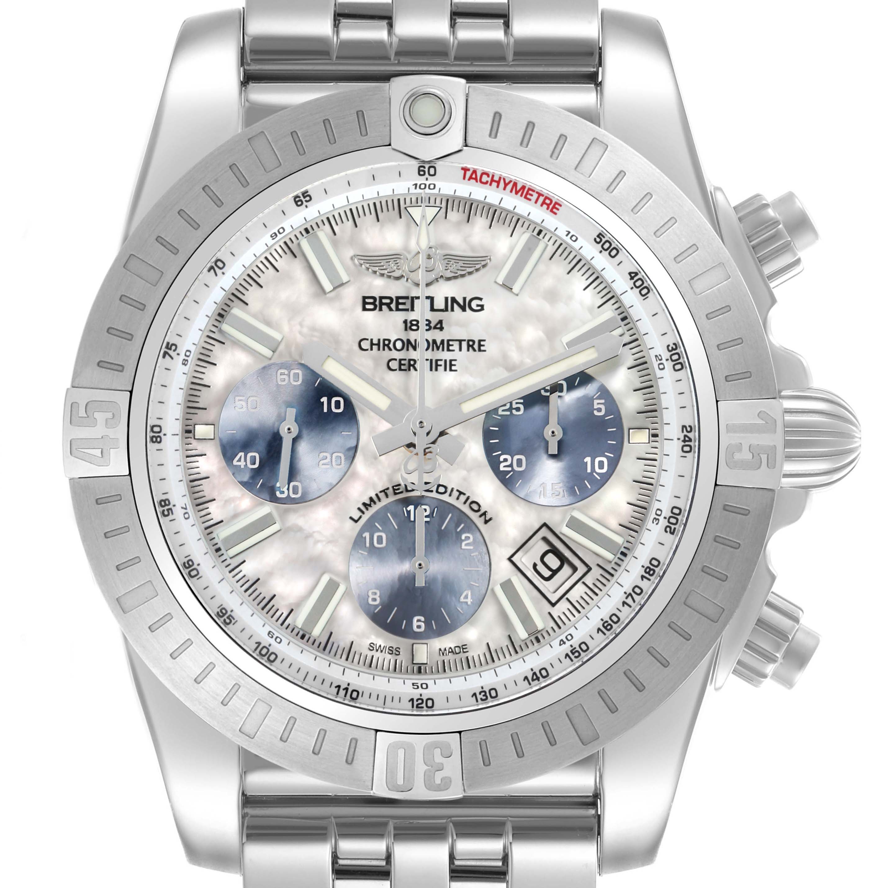 The Breitling Chronomat AB0115 Men's Stainless Steel Mother of Pearl Dial watch is shown from a front angle, displaying the dial, bezel, sub-dials, and bracelet.