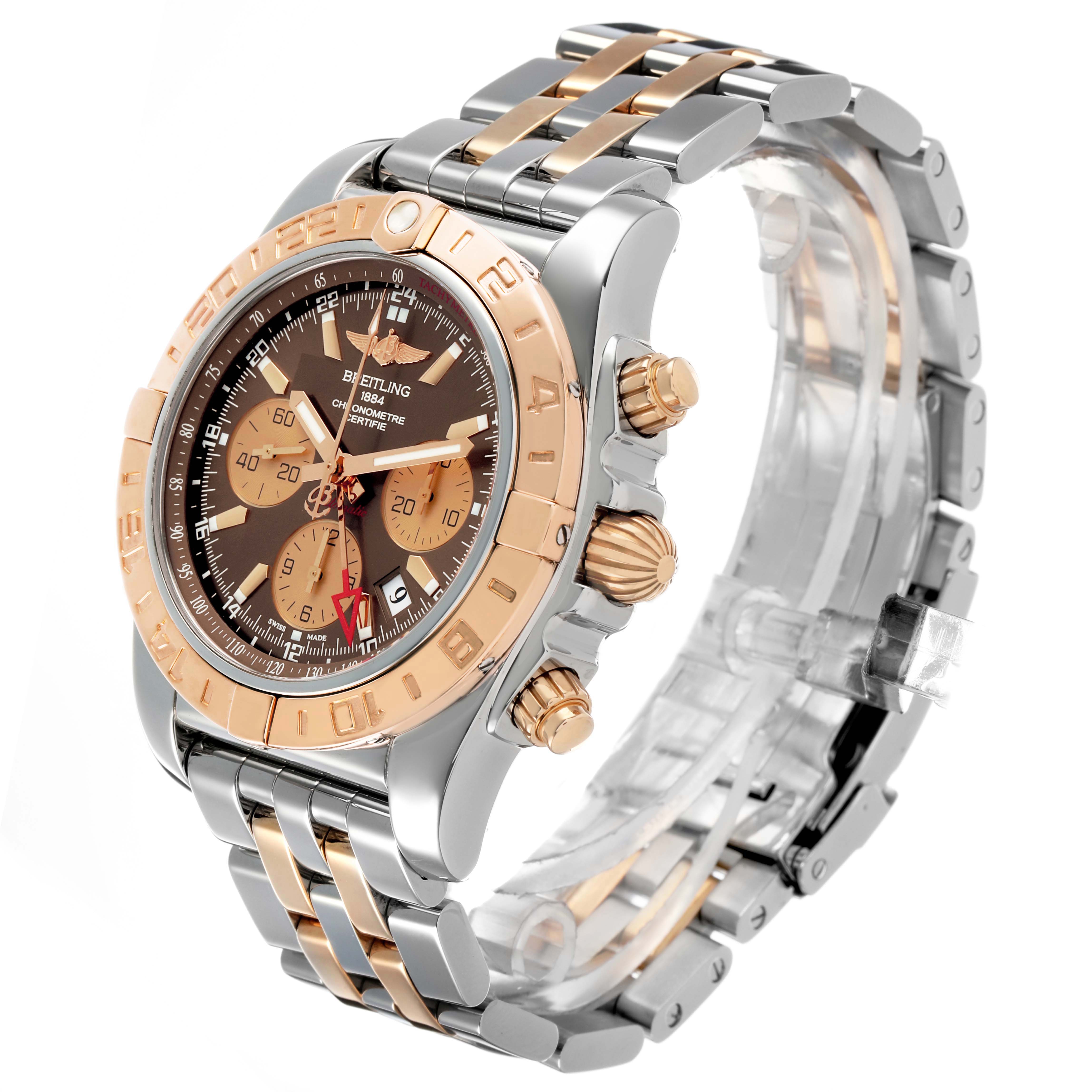 The Breitling Chronomat CB042012/Q590 Men's Stainless Steel Brown Dial watch is shown at a three-quarter angle, displaying its bezel, dial, crown, pushers, and bracelet.