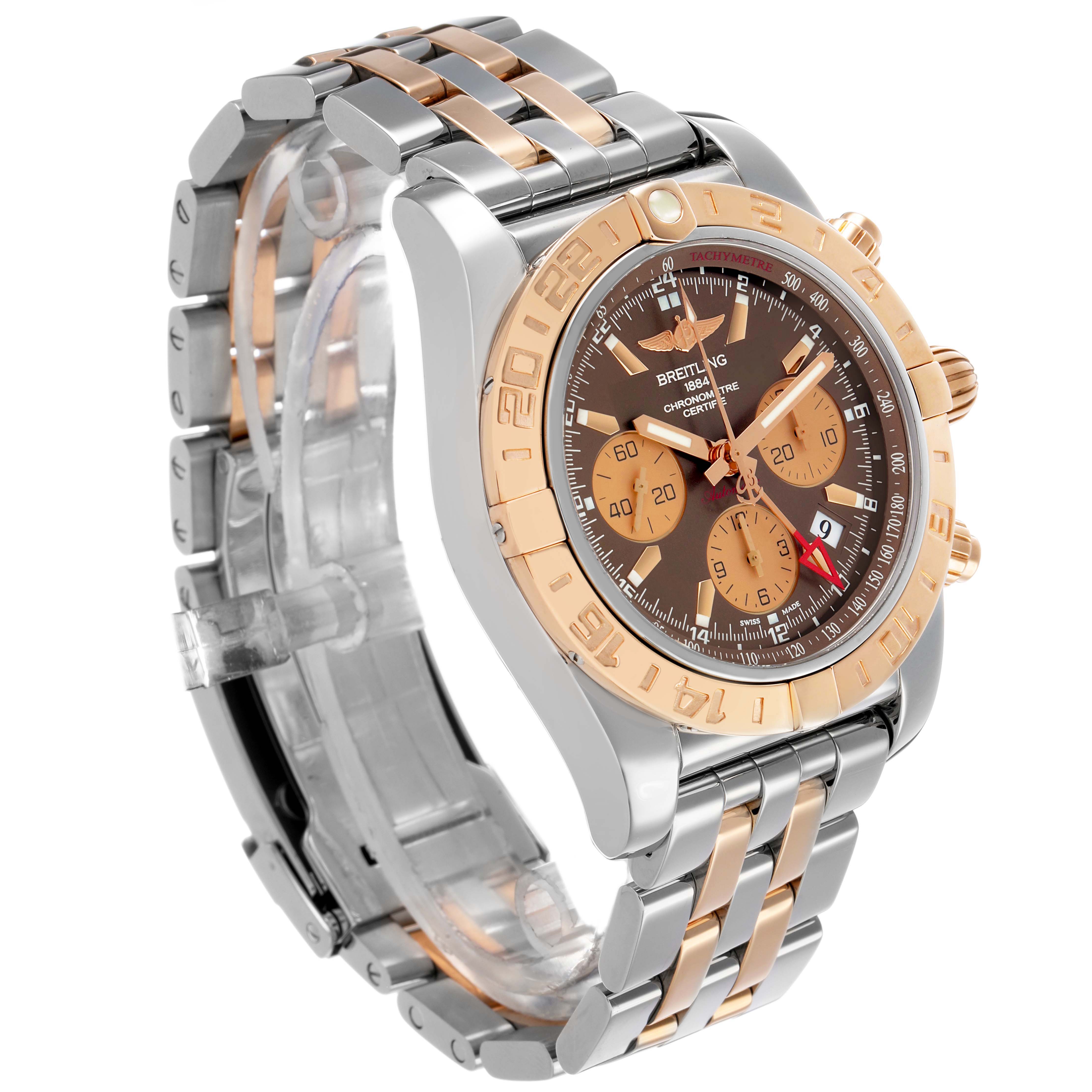 The Breitling Chronomat CB042012/Q590 Men's Stainless Steel Brown Dial watch is shown at a three-quarter angle, highlighting its face, bezel, and bracelet.