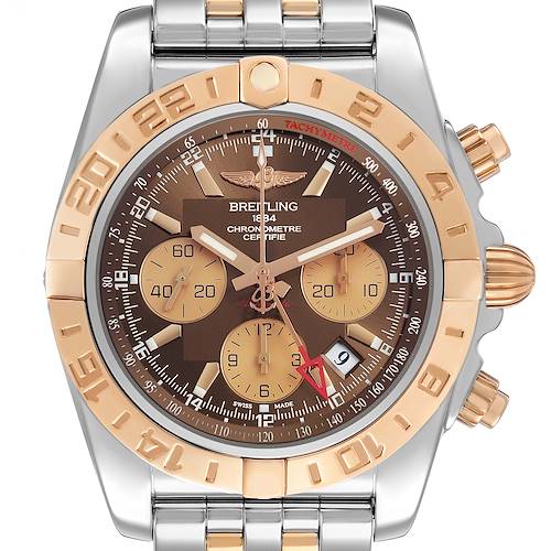 The Breitling Chronomat CB042012/Q590 Men's Stainless Steel Brown Dial watch is shown from a frontal angle, highlighting the face, bezel, chronograph dials, and bracelet.