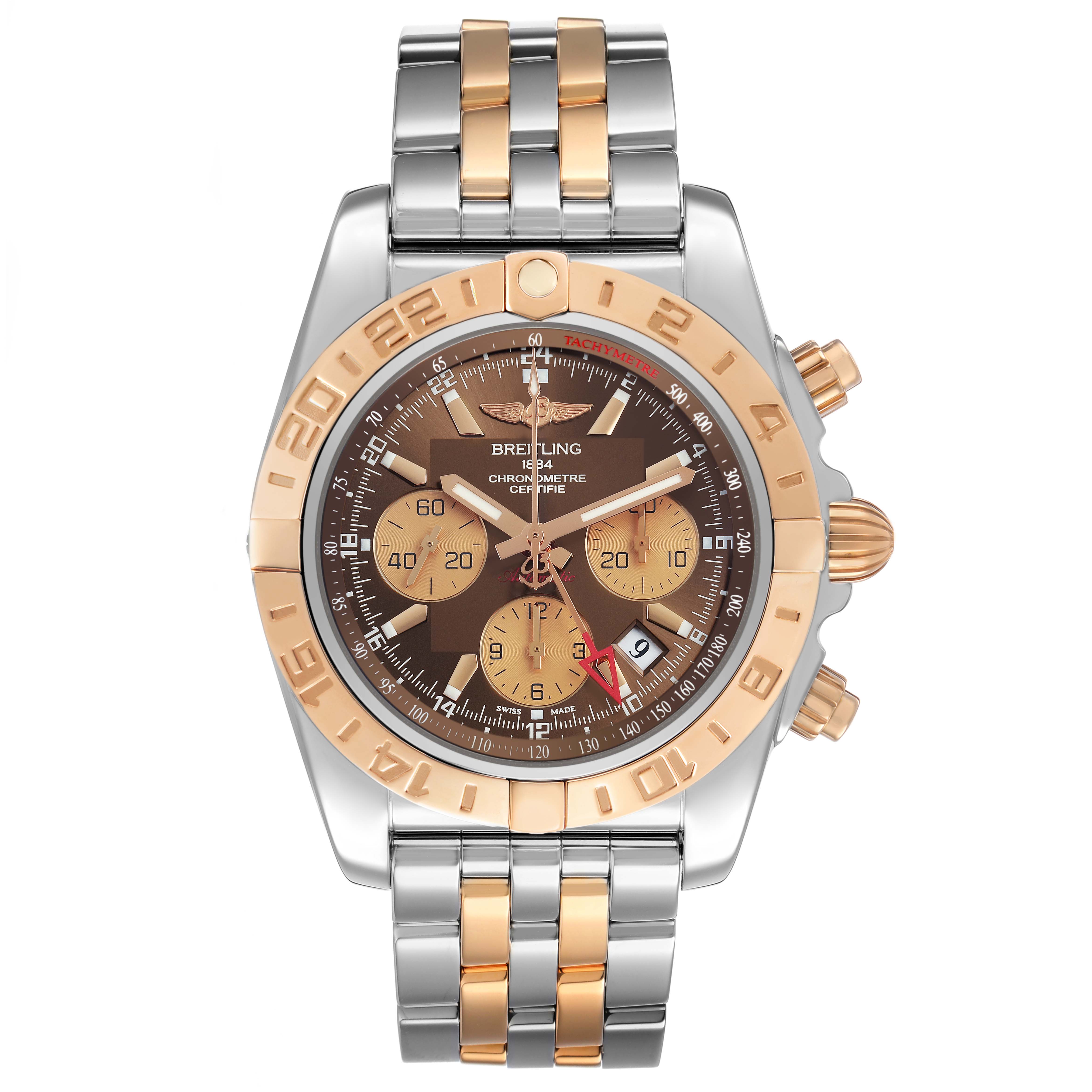 The Breitling Chronomat CB042012/Q590 Men's Stainless Steel Brown Dial watch is shown from a front angle, displaying its face, bezel, and two-tone bracelet.